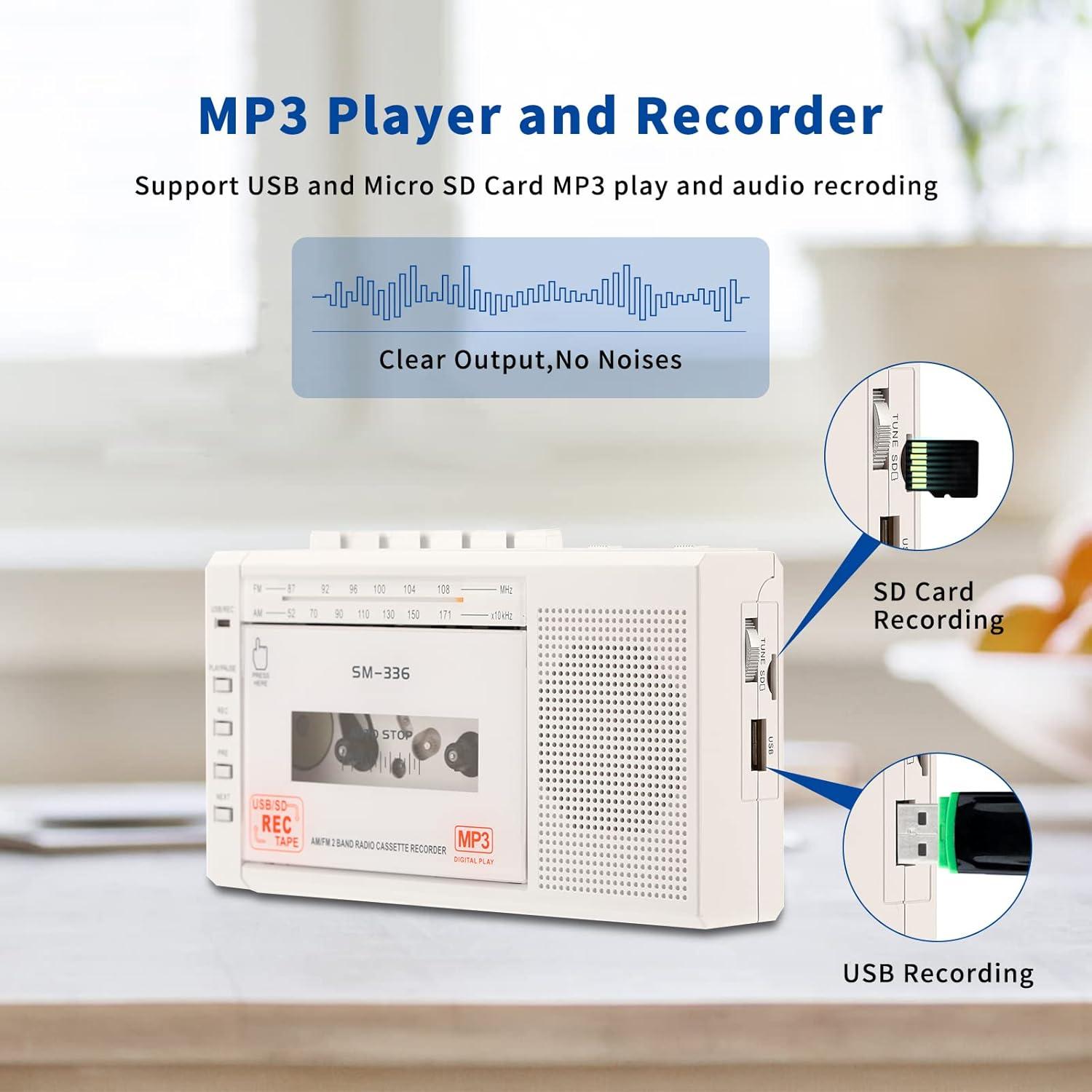 Small Cassette Player Recorder, Cassette to Digital Converter via USB or Micro SD Card, Powered by AC or 4 AA Battery, AM FM Radio Tape Recorder with Build-in Speaker and Earphone Jack