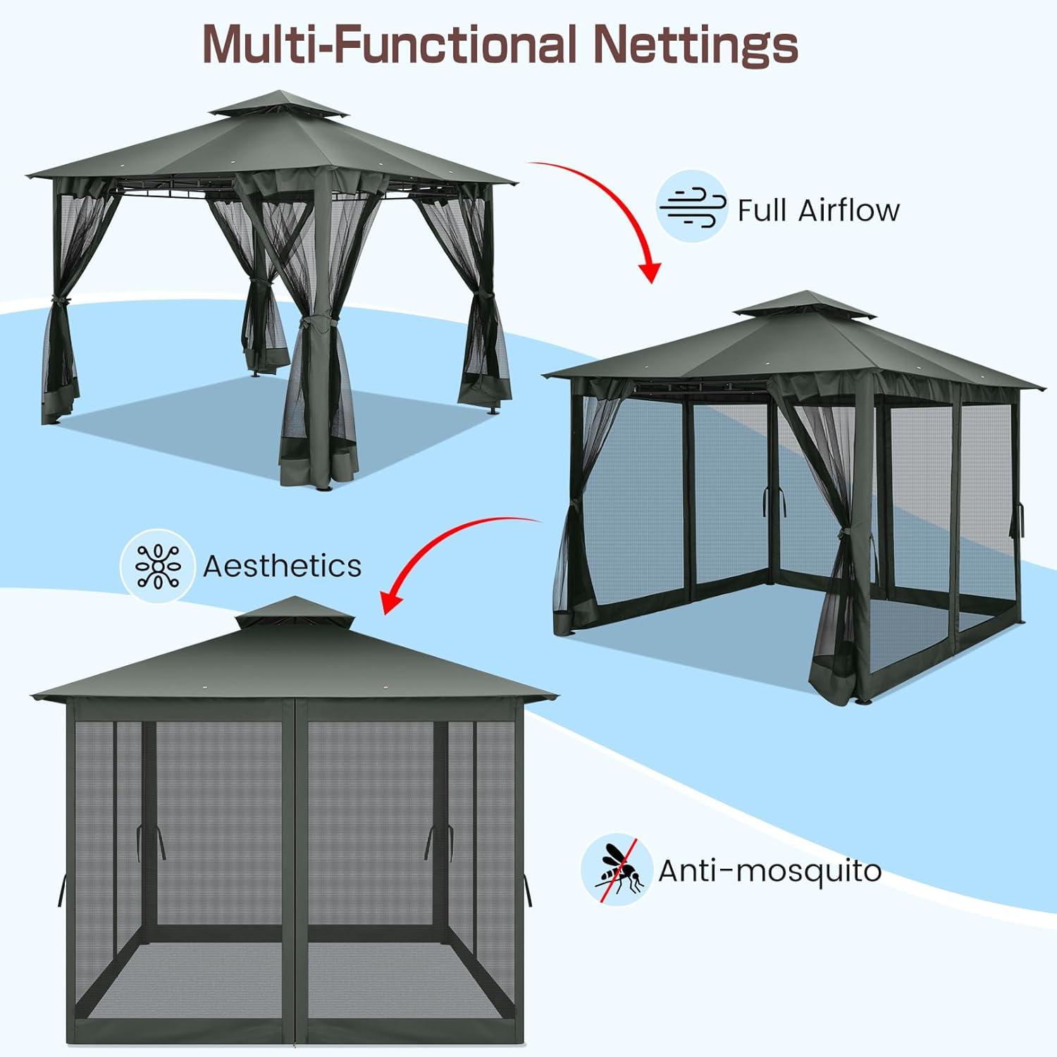 HOTEEL 10x20 Gazebo on Clearance, Outdoor Gazebo Tent with Mosquito Netting and Ventilated Double Flat Roof, Easy Set up Canopy Tent with Stable Metal Frame for Patio, Khaki (Upgraded 2.0)