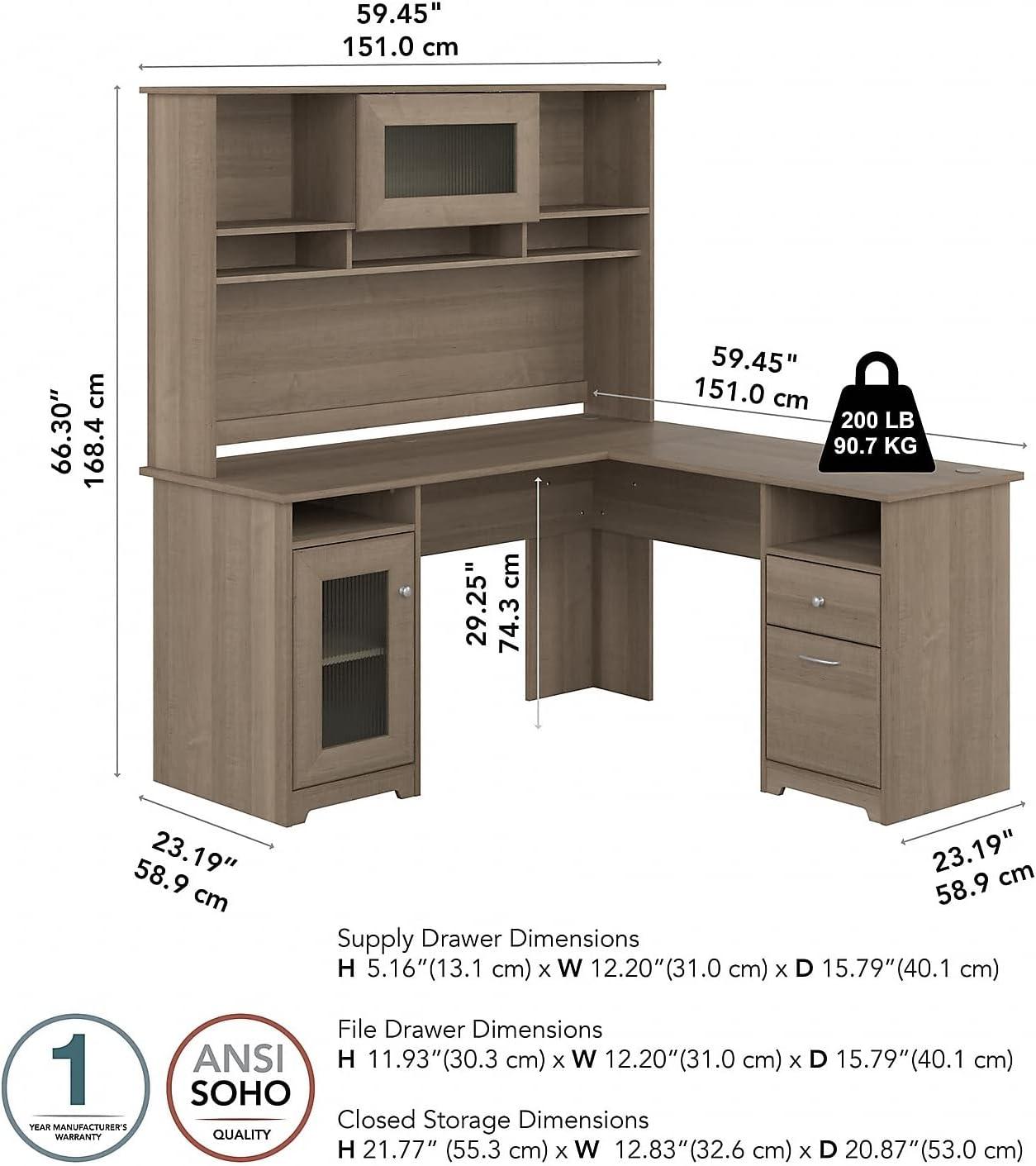 Bush Furniture Cabot 60" L Desk and Hutch with Storage, Ash Gray