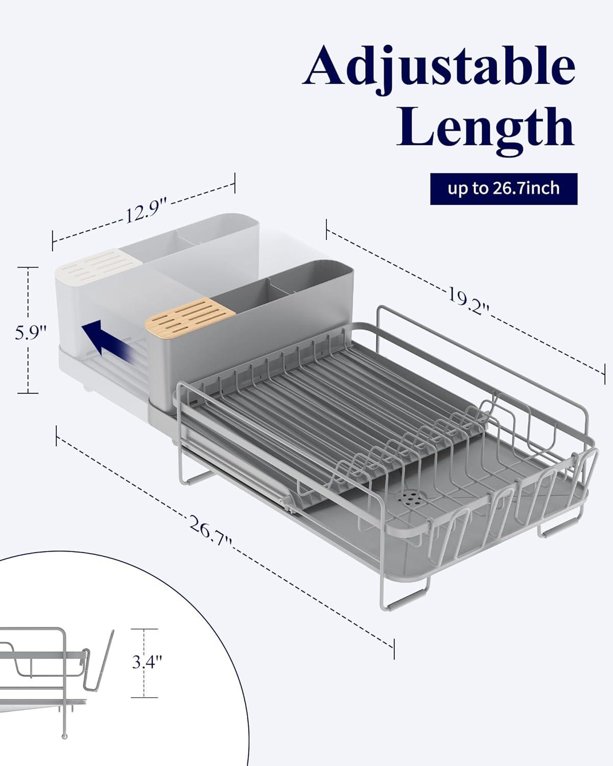 Kitsure Large Dish Drying Rack - Extendable Dish Rack, Multifunctional Dish Rack for Kitchen Counter, Anti-Rust Dish Drainers with Cutlery & Cup Holders 19.2"-26.7" L x 12.9" W, Grey