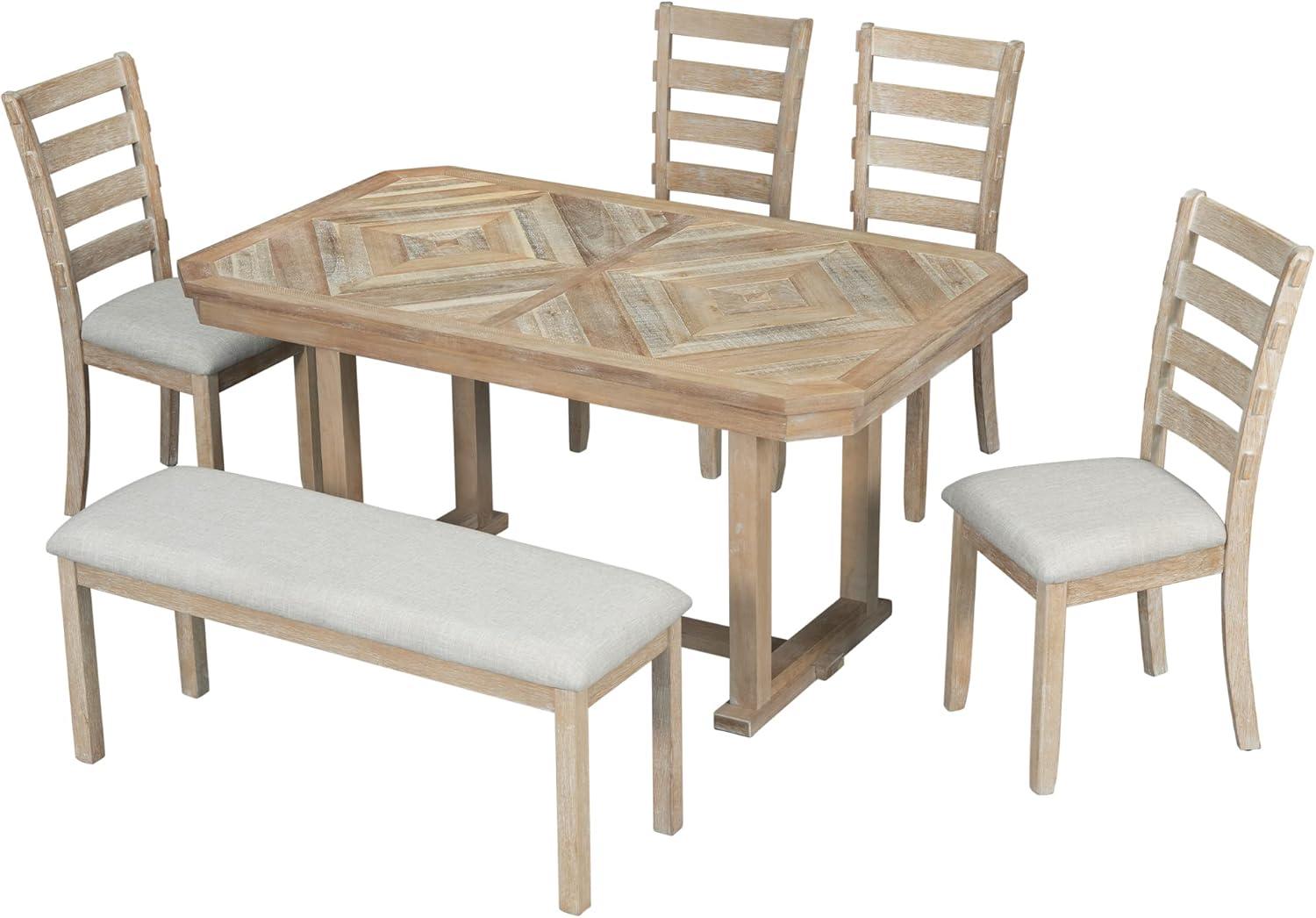 Dining Table Set for 6, 6 Piece Wood Kitchen Table Set, Dining Table and Chairs Set, Home Furniture Table Set with Chairs & Bench, Natural Wood Wash