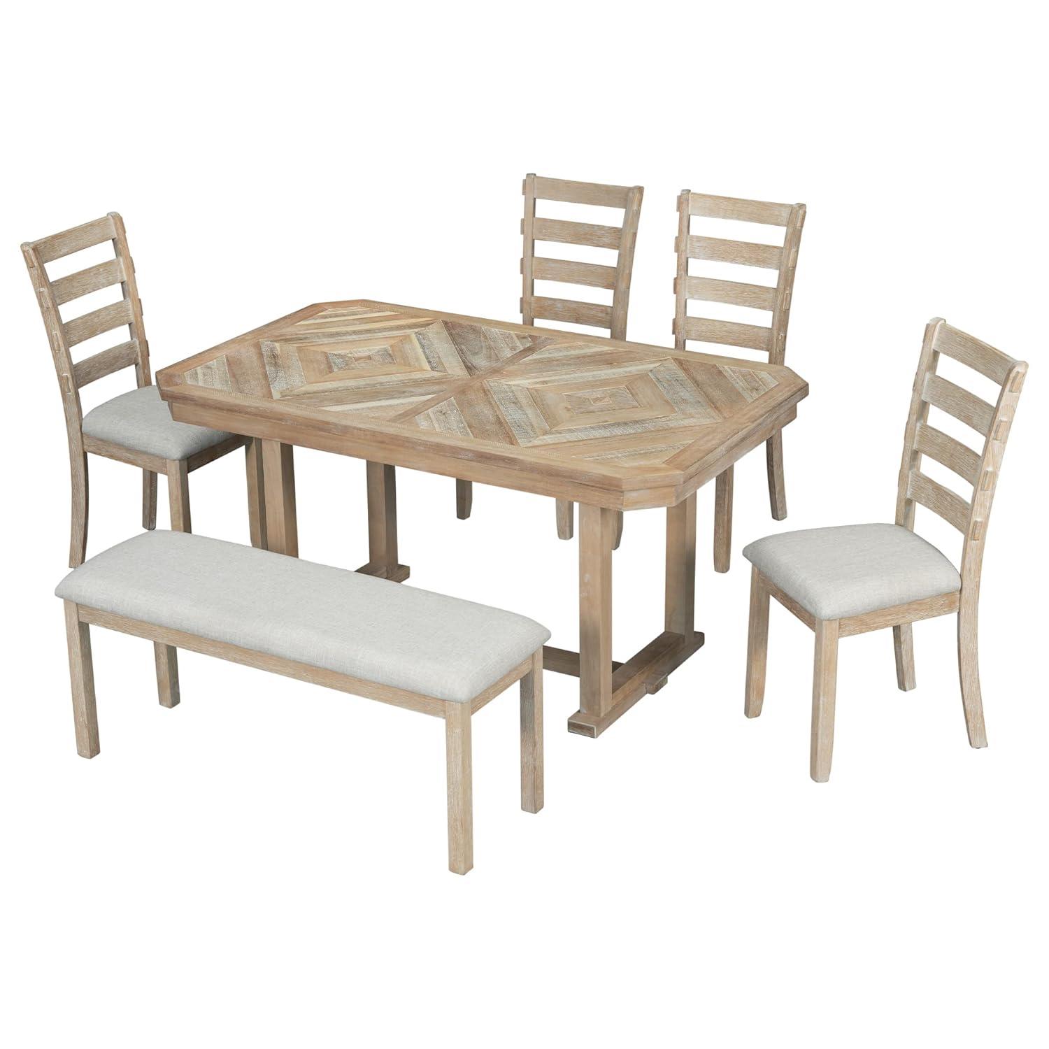 Dining Table Set for 6, 6 Piece Wood Kitchen Table Set, Dining Table and Chairs Set, Home Furniture Table Set with Chairs & Bench, Natural Wood Wash