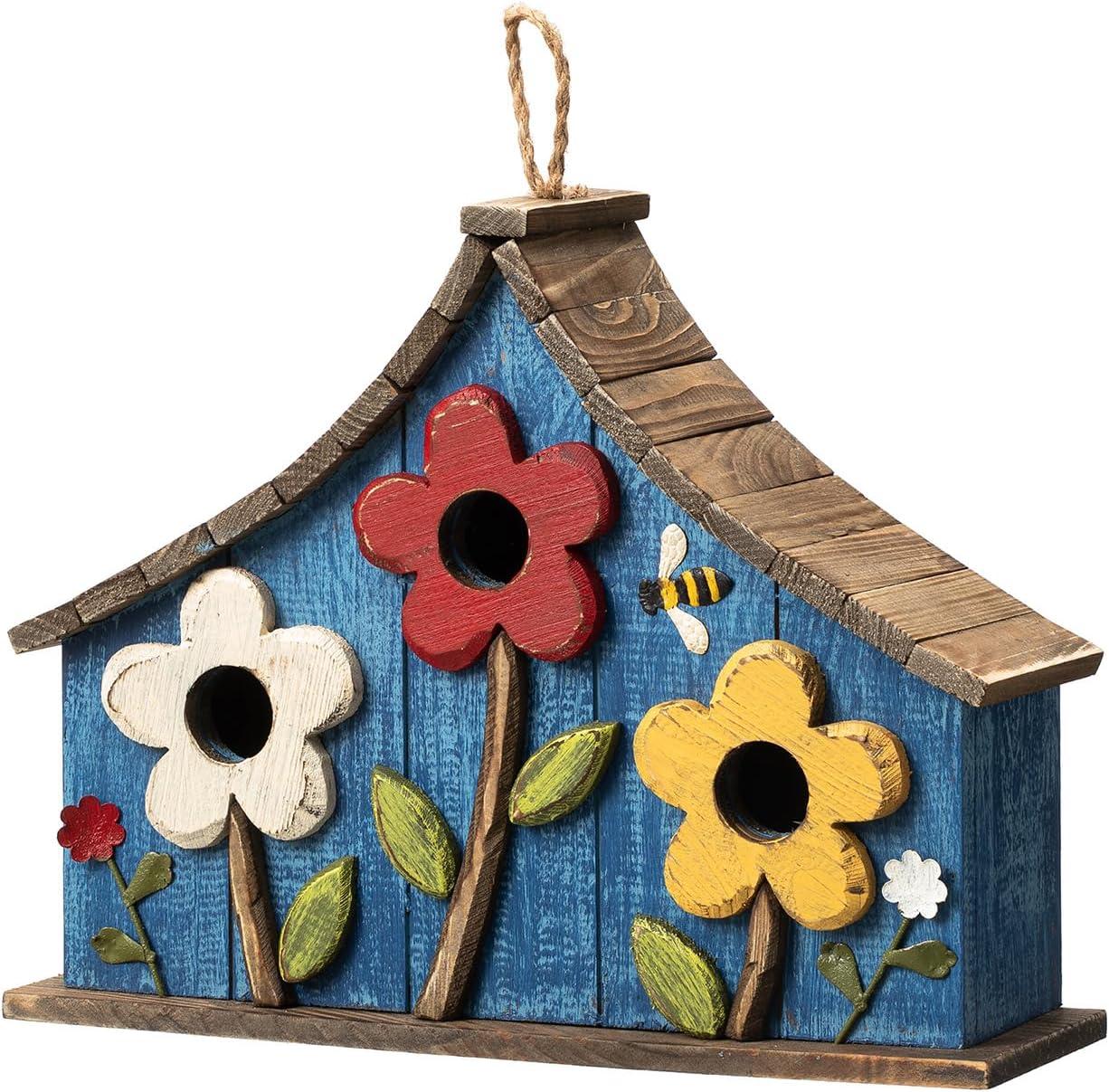 Oversized Blue Wooden Birdhouse with 3D Flowers