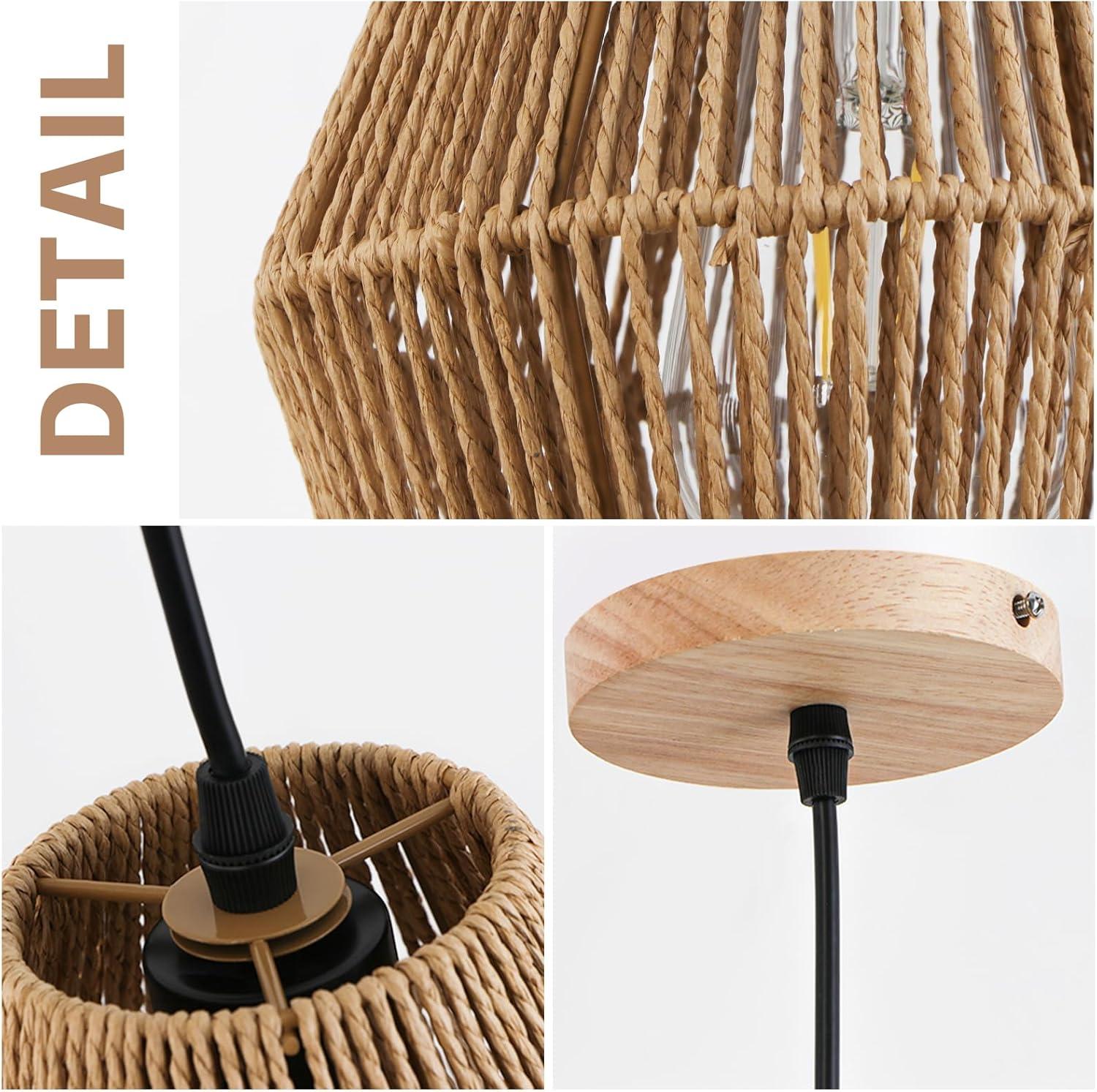 Adjustable Natural Rattan and Wood Pendant Light Set