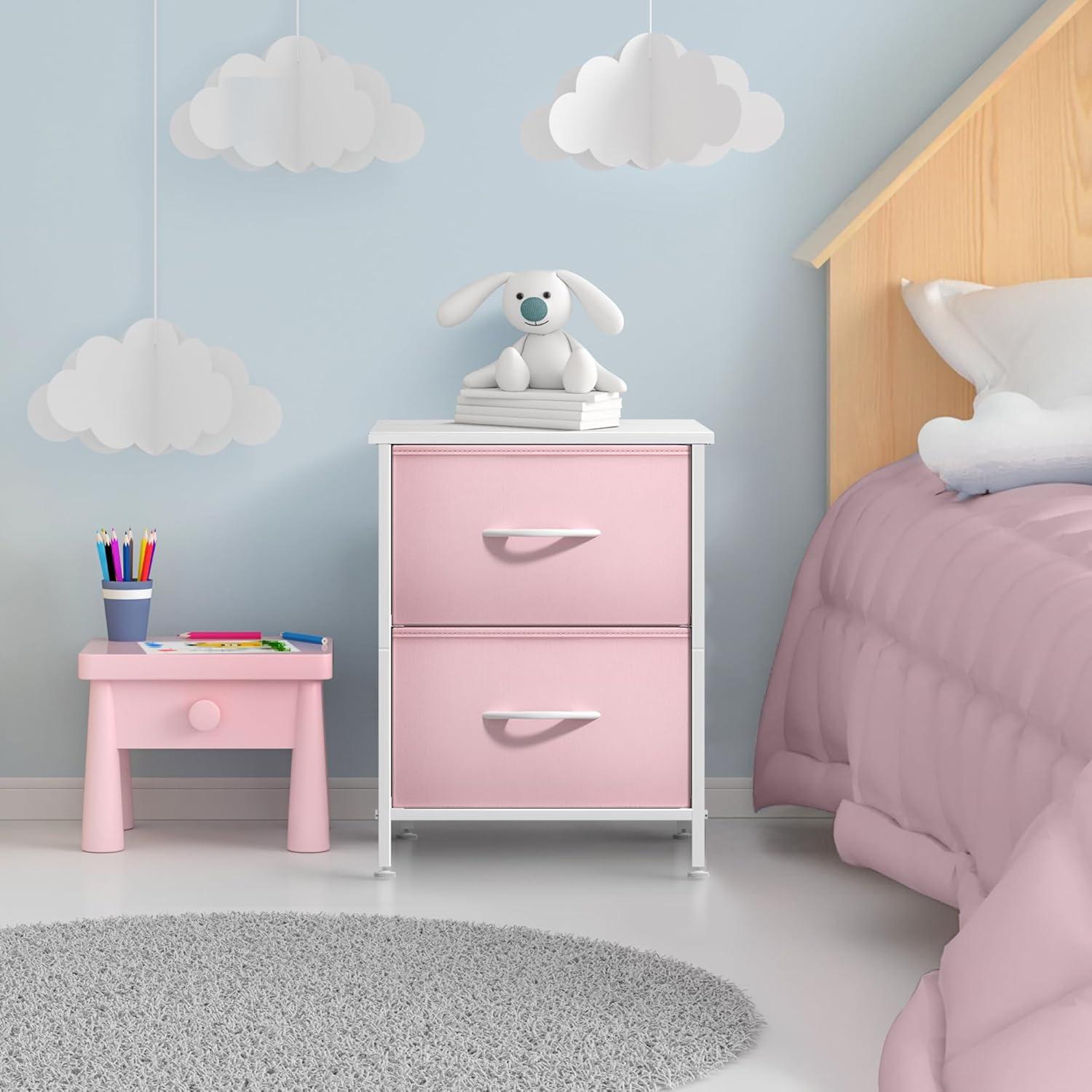 Sorbus Nightstand with 2 Drawers - Kids Bedside Furniture End Table Night Stand - Steel Frame, Wood Top & Easy Pull Fabric Bins - Dresser & Chest for Home, Bedroom Accessories, Office & College Dorm
