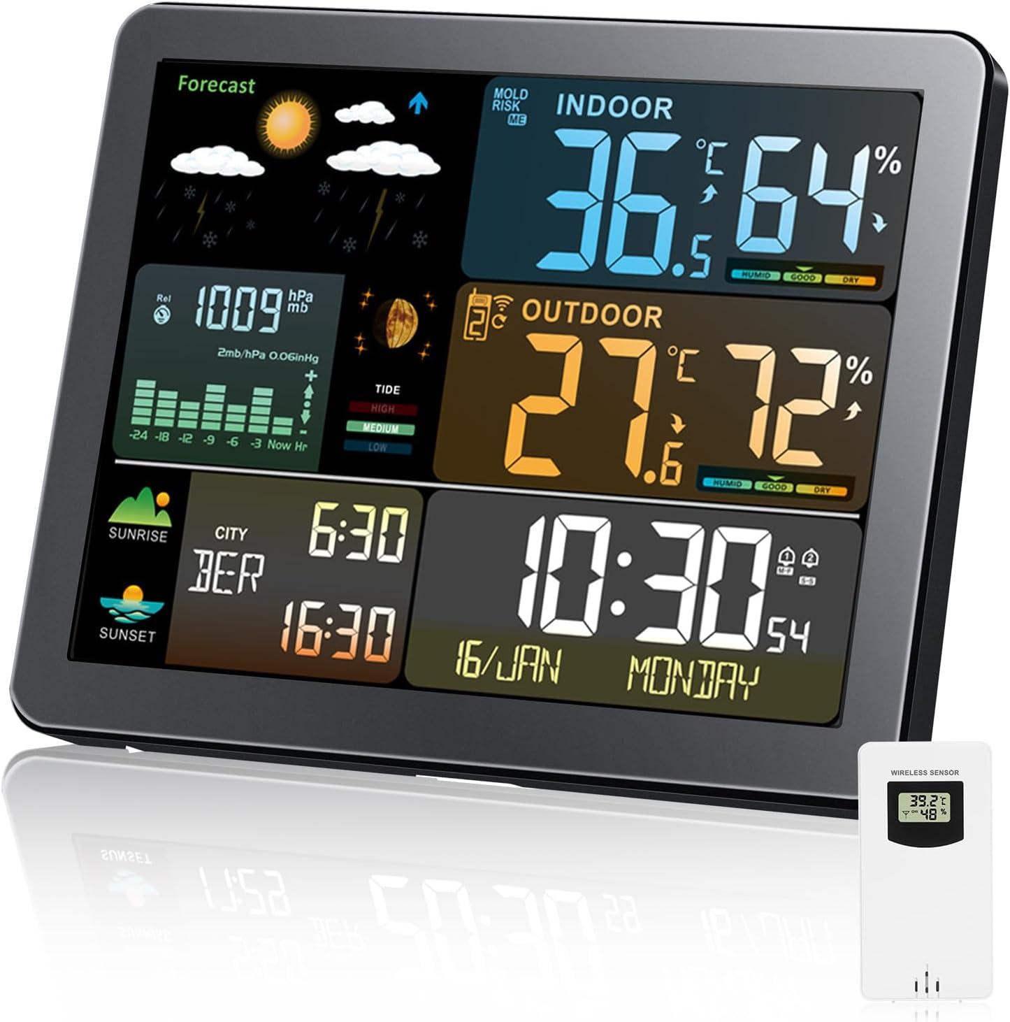 Weather Station Wireless Indoor Outdoor with Sensors Color Display Digital Weather Forecast Temperature Humidity Monitor Alarm Clock Electronic Sunrise Sunset Time Adjustable Backlight for Home Wall
