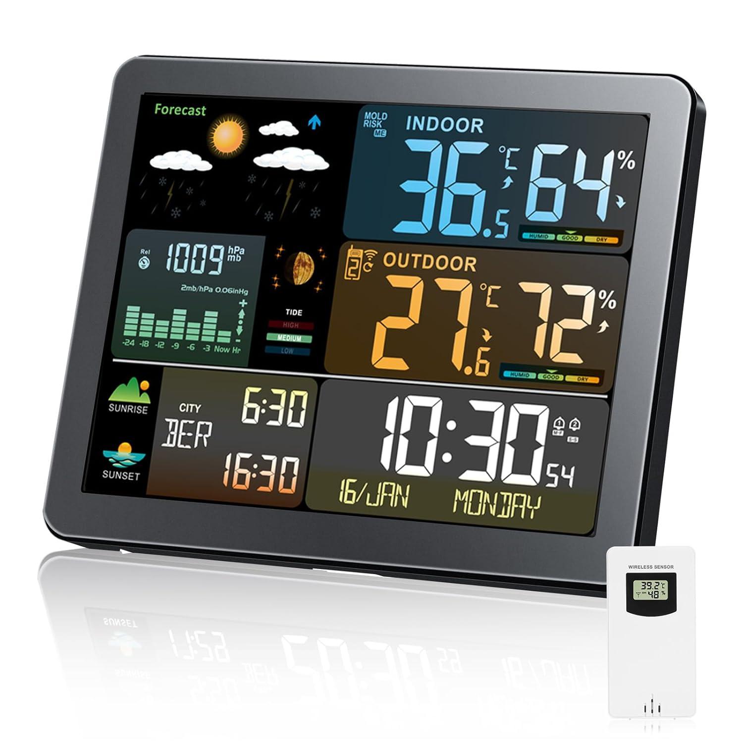 Weather Station Wireless Indoor Outdoor with Sensors Color Display Digital Weather Forecast Temperature Humidity Monitor Alarm Clock Electronic Sunrise Sunset Time Adjustable Backlight for Home Wall