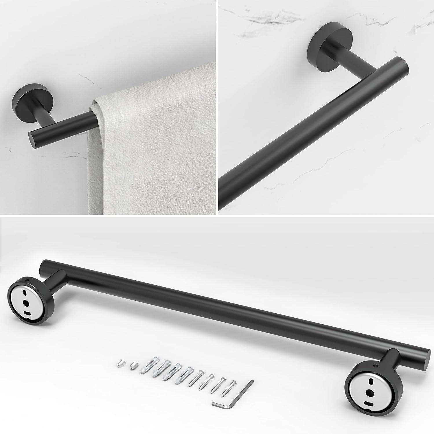 6 PCS Bathroom Hardware Set, Including 16" Hand Towel Bar, Toilet Paper Holder, Towel Ring, Robe Towel Hooks, Bathroom Accessories Kit(Matte Black)