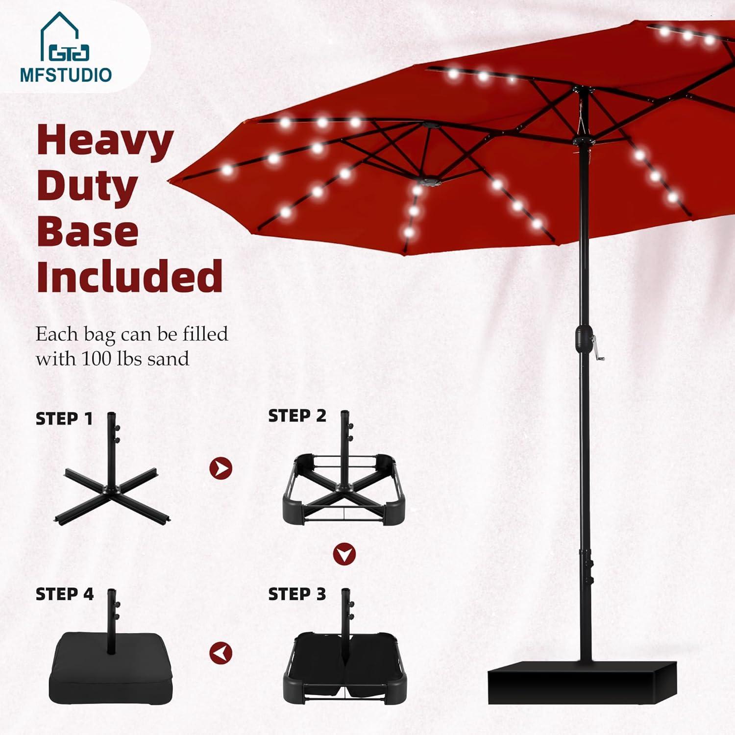 Summit Living 15ft Double-Sided Solar Patio Umbrella with Base Large Outdoor Table Umbrella with LED Solar lights Red