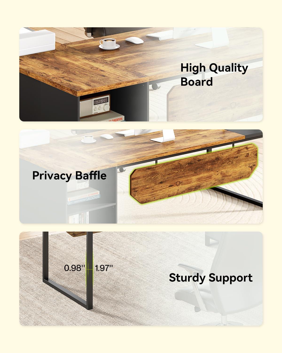 LITTLE TREE 70.8 Inches Executive Desk and 55 Inches File Cabinet Combo, Large L Shaped Computer Desk with Storage Cabinet and Shelves, Modern Business Furniture for Home Office, Rustic Brown & Black