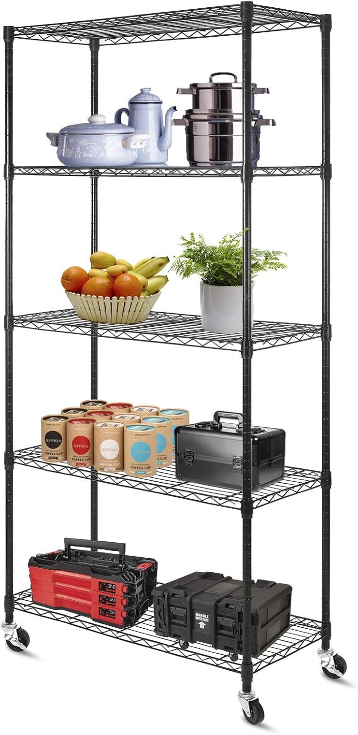 5 Tier NSF Metal Shelf Wire Shelving Unit, 60" H x 30" L x 14" D - 750lbs Capacity Heavy Duty Adjustable Storage Rack with Wheels & Shelf Liners for Closet Kitchen Garage Basement and More - Black