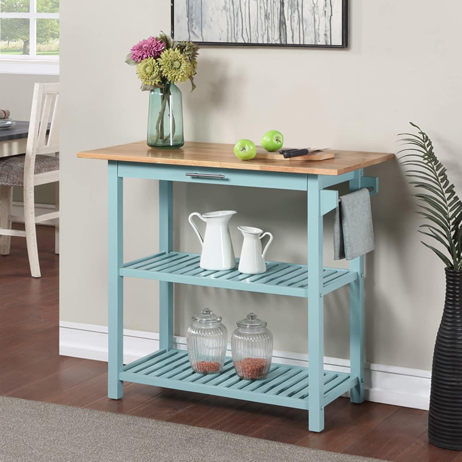 Convenience Concepts Designs2Go 3 Tier Butcher Block Kitchen Prep Island Cart with Drawer, Sea Foam Blue/Butcher Block