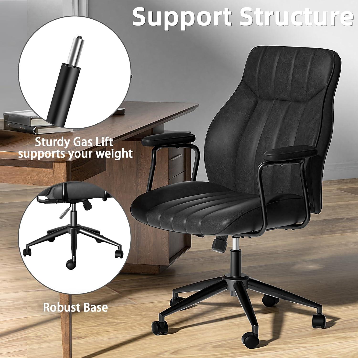 Mid Century Modern Office Chair, Vintage Leather Desk Chair With Wheels and Arms, Home Office Task Chair