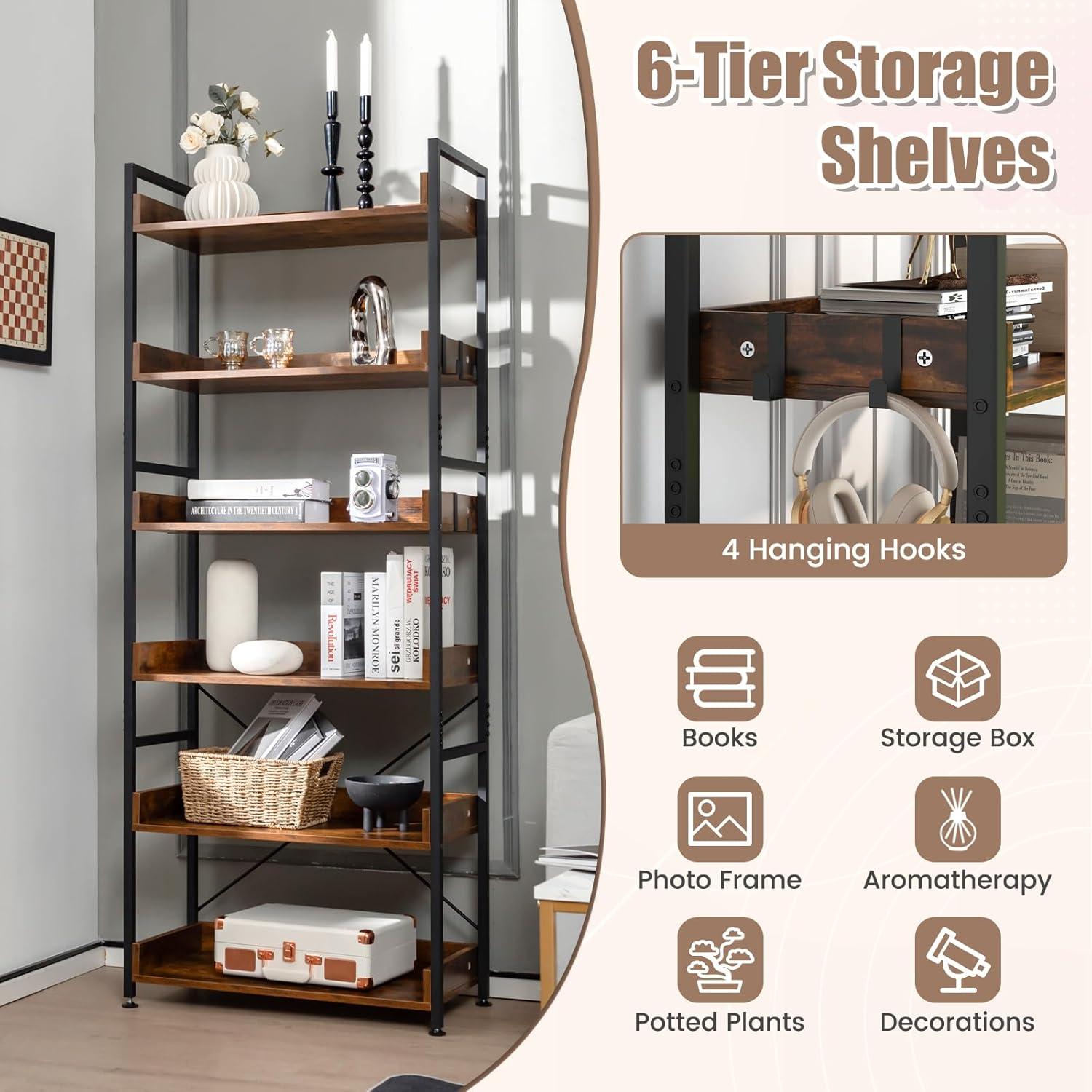 Costway 6-Tier Bookshelf Open Display Shelves Storage Rack Metal Frame with 4 Hooks Rustic