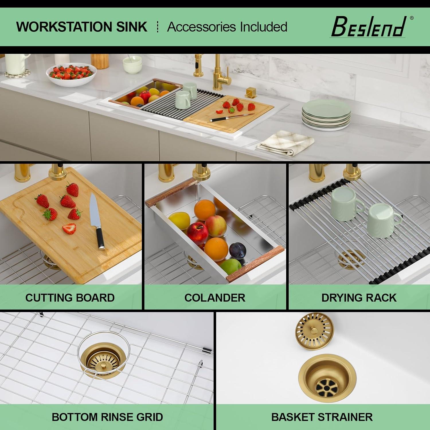 33x22 Inch White Quartz Composite Workstastion Kitchen Sink Drop-in Top-Mount Single Bowl Sink with 2 Faucet Holes