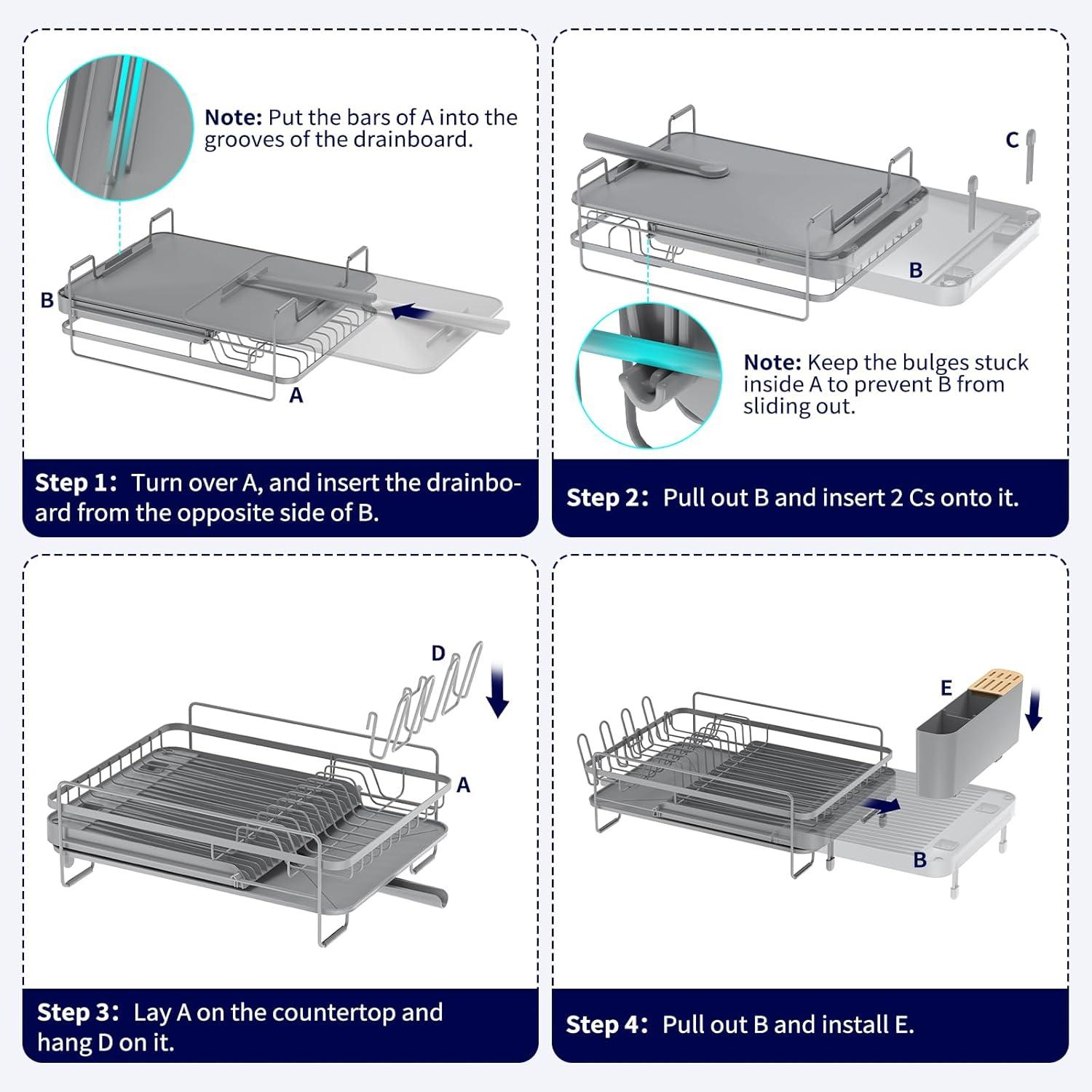Kitsure Large Dish Drying Rack - Extendable Dish Rack, Multifunctional Dish Rack for Kitchen Counter, Anti-Rust Dish Drainers with Cutlery & Cup Holders 19.2"-26.7" L x 12.9" W, Grey