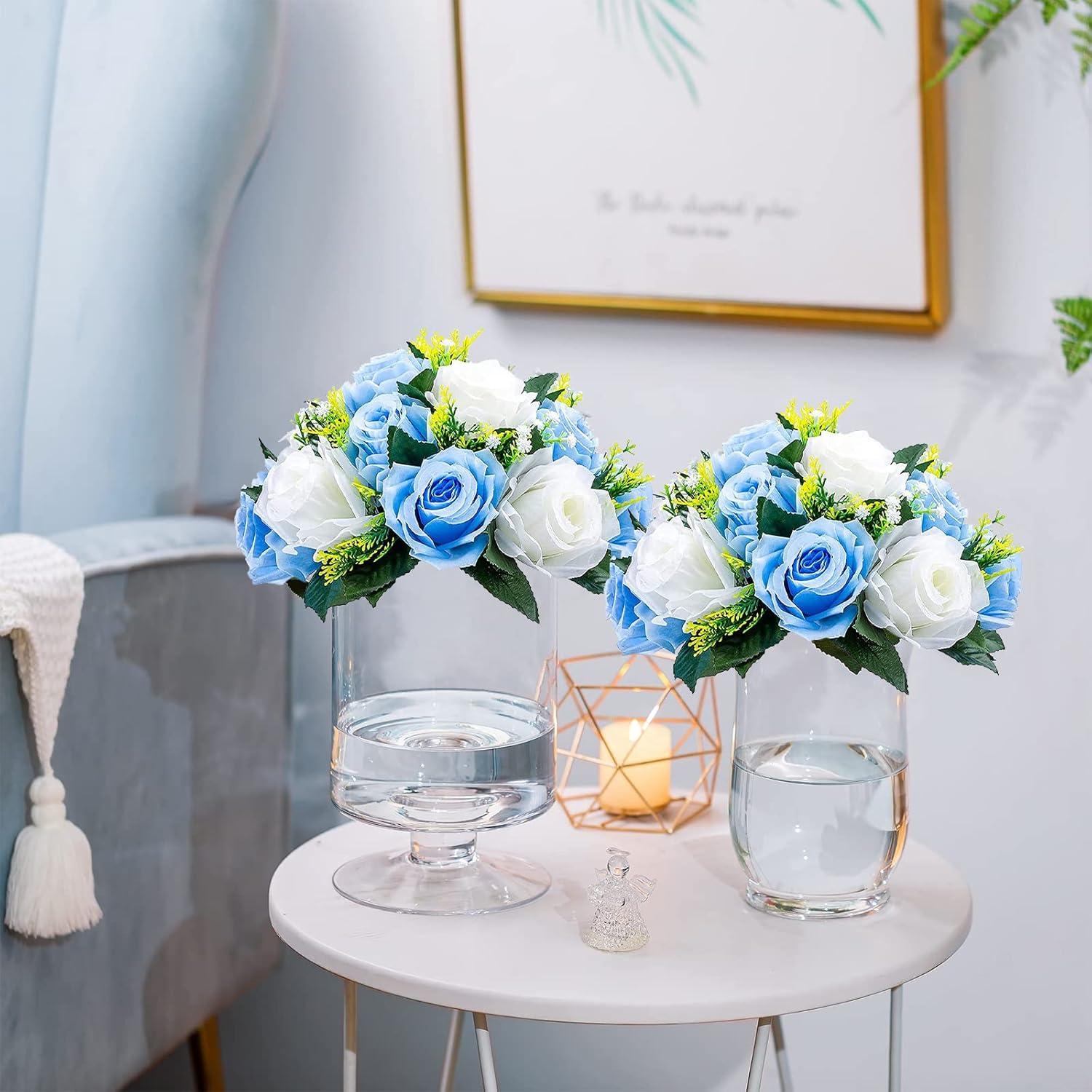 Nuptio Set of 2 Blue&White Artificial Flower Kissing ball, 15 Heads Fake Peony Silk Rose Flowers Bouquet for Centerpiece Wedding Birthday Party Home Table Decor