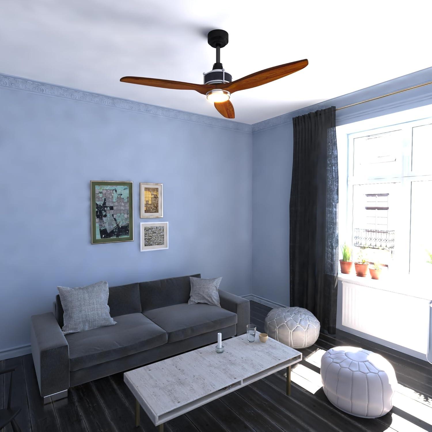 VAXCEL Curtiss 52-in. Contemporary Indoor Outdoor Propeller Ceiling Fan with Wood Blades, LED Light Kit and Remote, Matte Black and Brushed Silver