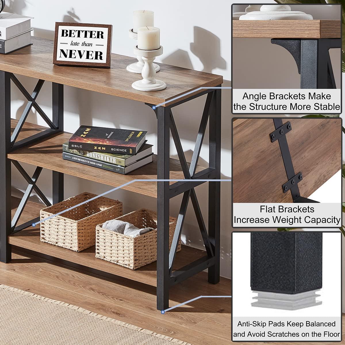 IBF Rustic Console Table, Industrial Wood and Metal Sofa Table, Hallway Entry Table for Home Living Room, Long Horizontal Bookshelf Entryway Table with Retro Vintage Storage Shelf, Rustic Oak, 47 Inch