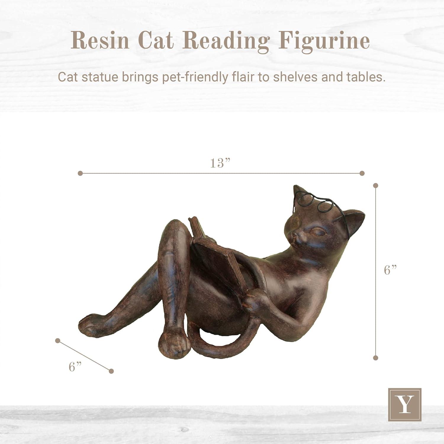 Whimsical Brown Resin Reading Cat Statue for Kids