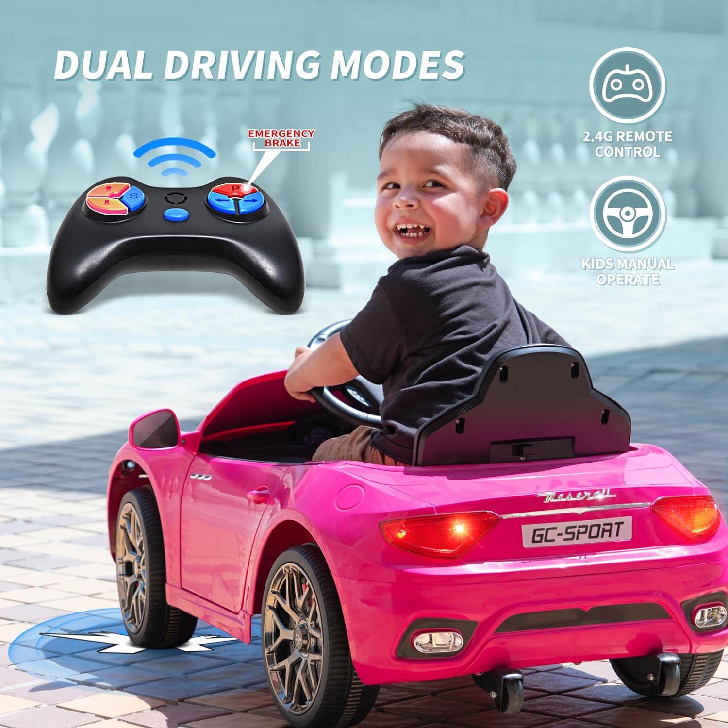 12V Maserati Kids Ride on Car, Battery Powered Maserati Ride on Toy with Remote Control, Electric Vehicle for Kids Ages 3-6, with Metal Suspension, Safety Belt, Bright Headlights, Music & FM, Pink