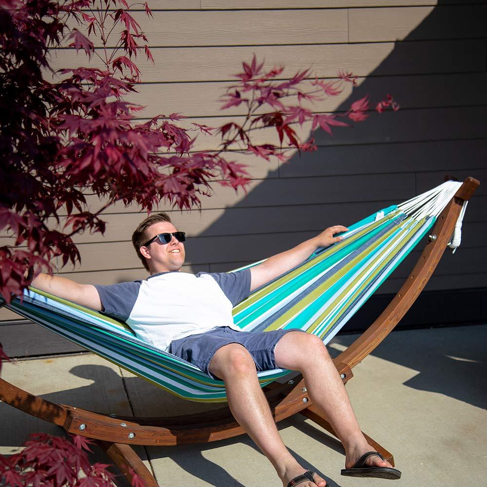 Vivere 8ft Double Cotton Hammock with Solid Pine Arc Stand - Cayo Reef Color