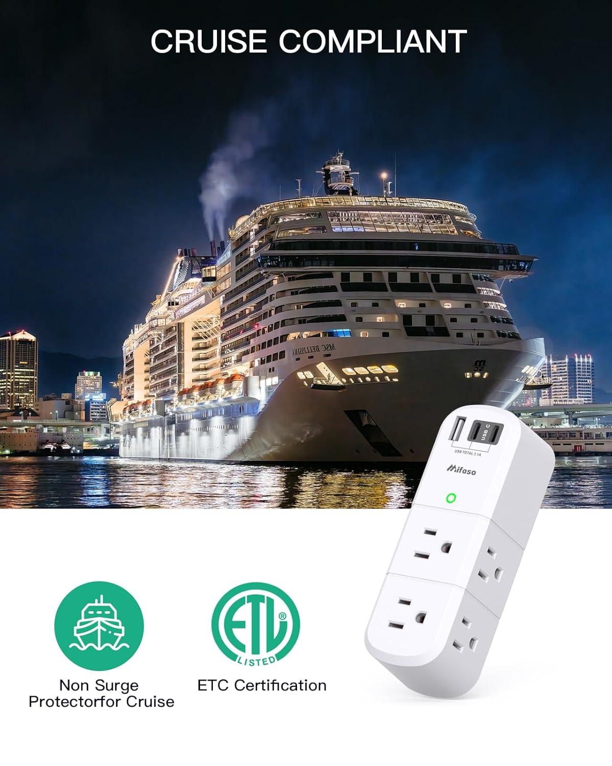Cruise Ship Essentials - Outlet Extender with Rotating Plug, 6 AC Outlets with USB Charging Ports, Multi Plug Wall Outlet USB C Charger Hub, Non Surge Protector Non Extension Cord