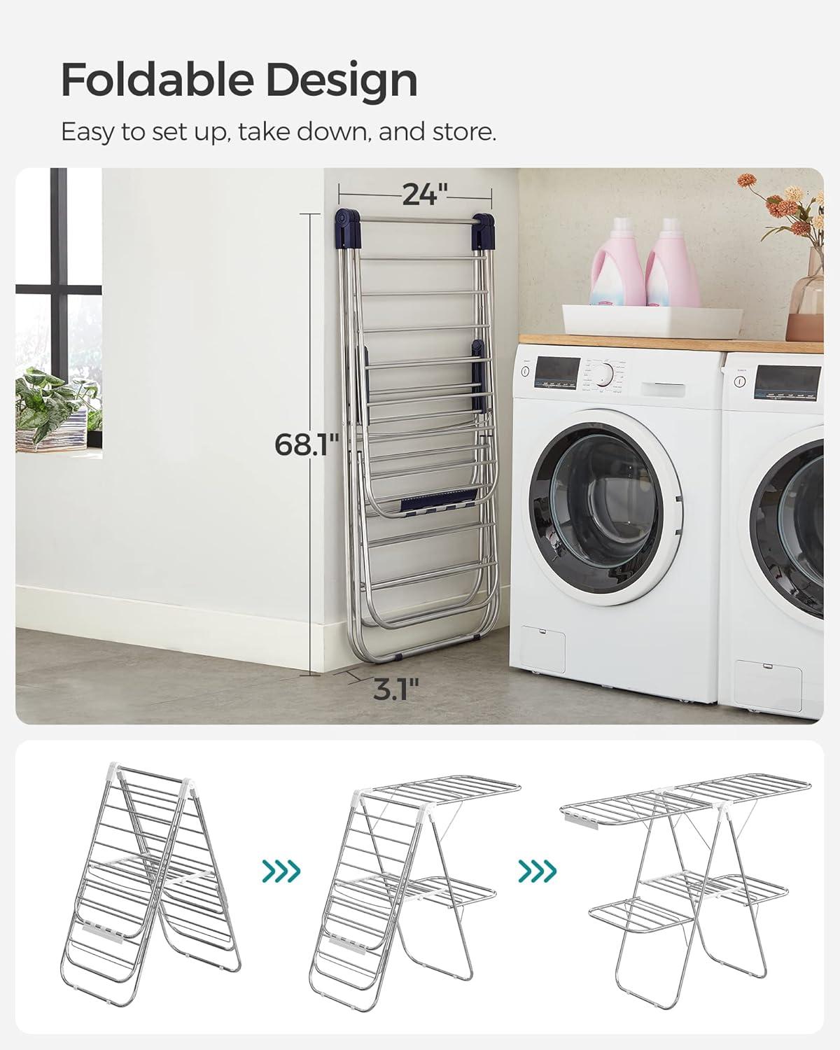 Foldable Silver and Blue 2-Level Clothes Drying Rack with Adjustable Wings