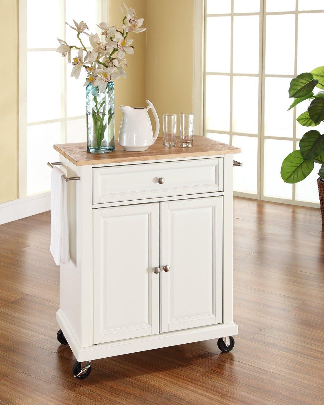 Compact Wood Top Kitchen Cart White - Crosley: Mobile Storage, Adjustable Shelf, Towel Bars