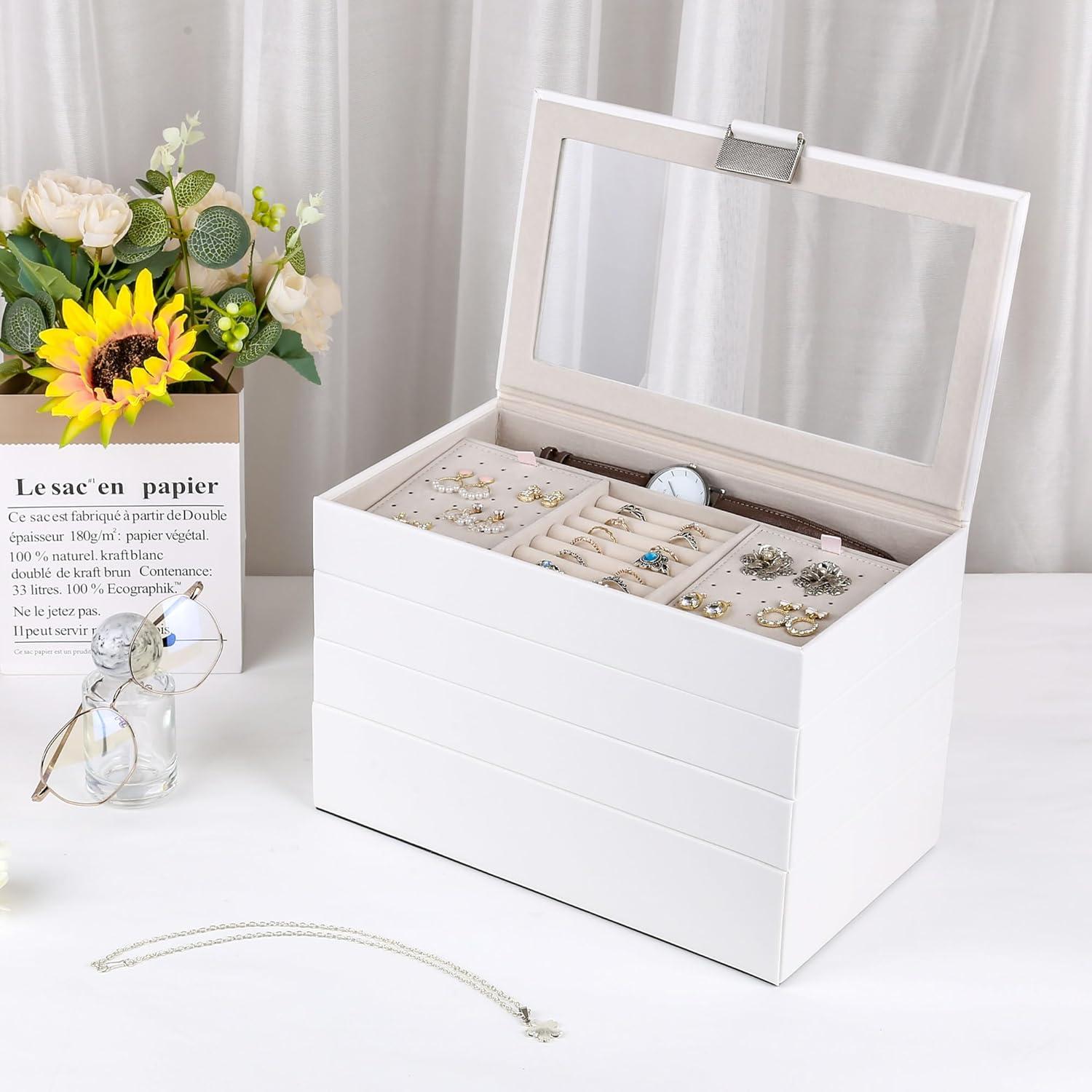 Latitude Run® Stackable Jewelry Trays, 4-Tier Jewelry Box, Drawer Jewelry Organizer, With Glass Lid, Removable Dividers, For Vanity Table, 6.7 X 11 X 7.2 Inches, Cloud White