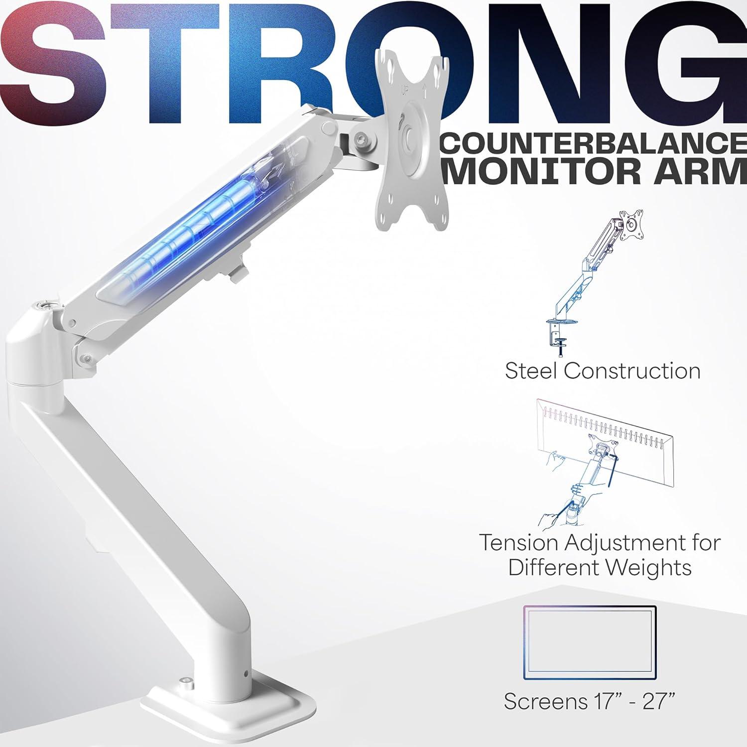 VIVO White Single Monitor Counterbalance Desk Mount | Fits Screens 17" to 27"