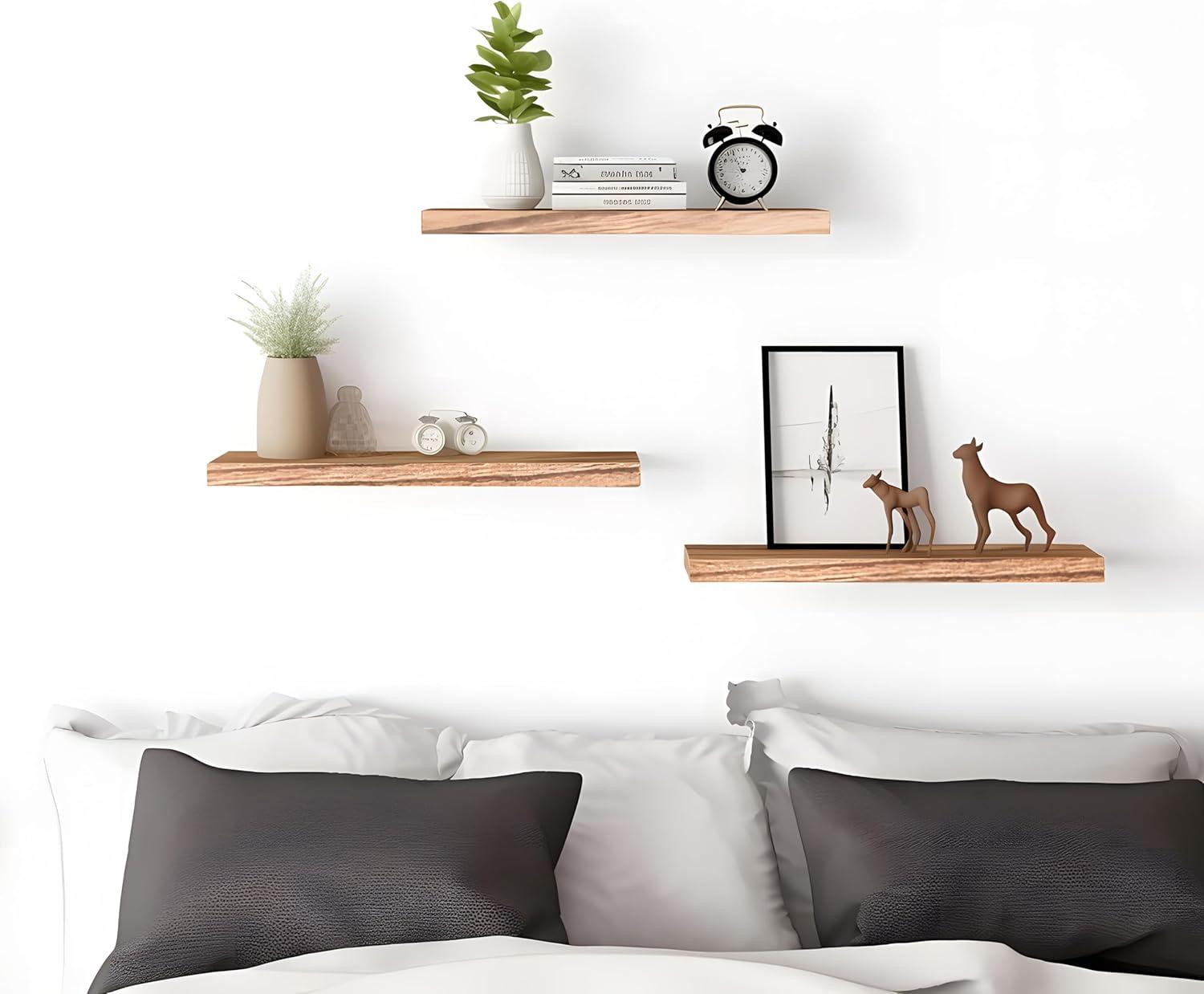 Set of 6 Light Brown Wooden Floating Wall Shelves