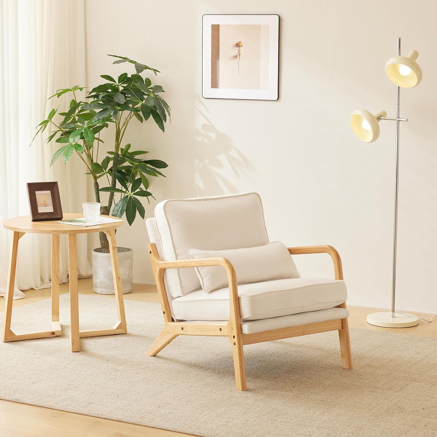 George Oliver Lemley Mid Century Solid Wood Accent Chair Upholstered Armchair with an Extra Pillow
