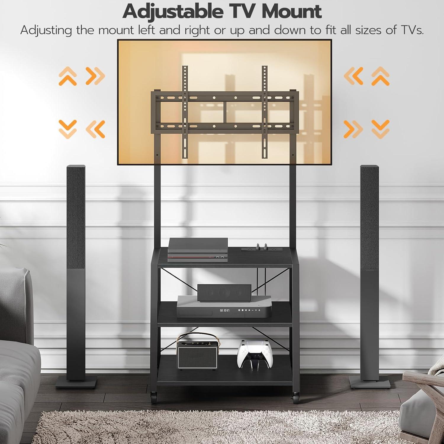 HOOBRO Rolling TV Stand with Mount and Power Outlet Up to 55 inch TVs, Corner Entertainment Center, Small TV Stand with 3-Tier Storage Shelves for Living Room, Bedroom, Black BB66UDS01