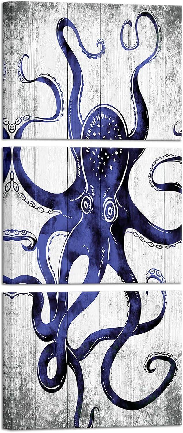 3 Piece Octopus Wall Art Painting Navy Blue Marine Animal Picture Print On Canvas Ocean Life Poster for Bathroom Bedroom Home Decor Decoration Gift Easy To Hang 12"x16"x3PCS