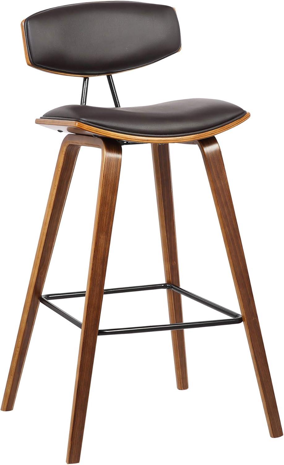 Armen Living 26" Fox Mid-Century Counter Height Barstool in Brown Faux Leather with Walnut Wood: Upholstered Square Seat, Padded Back