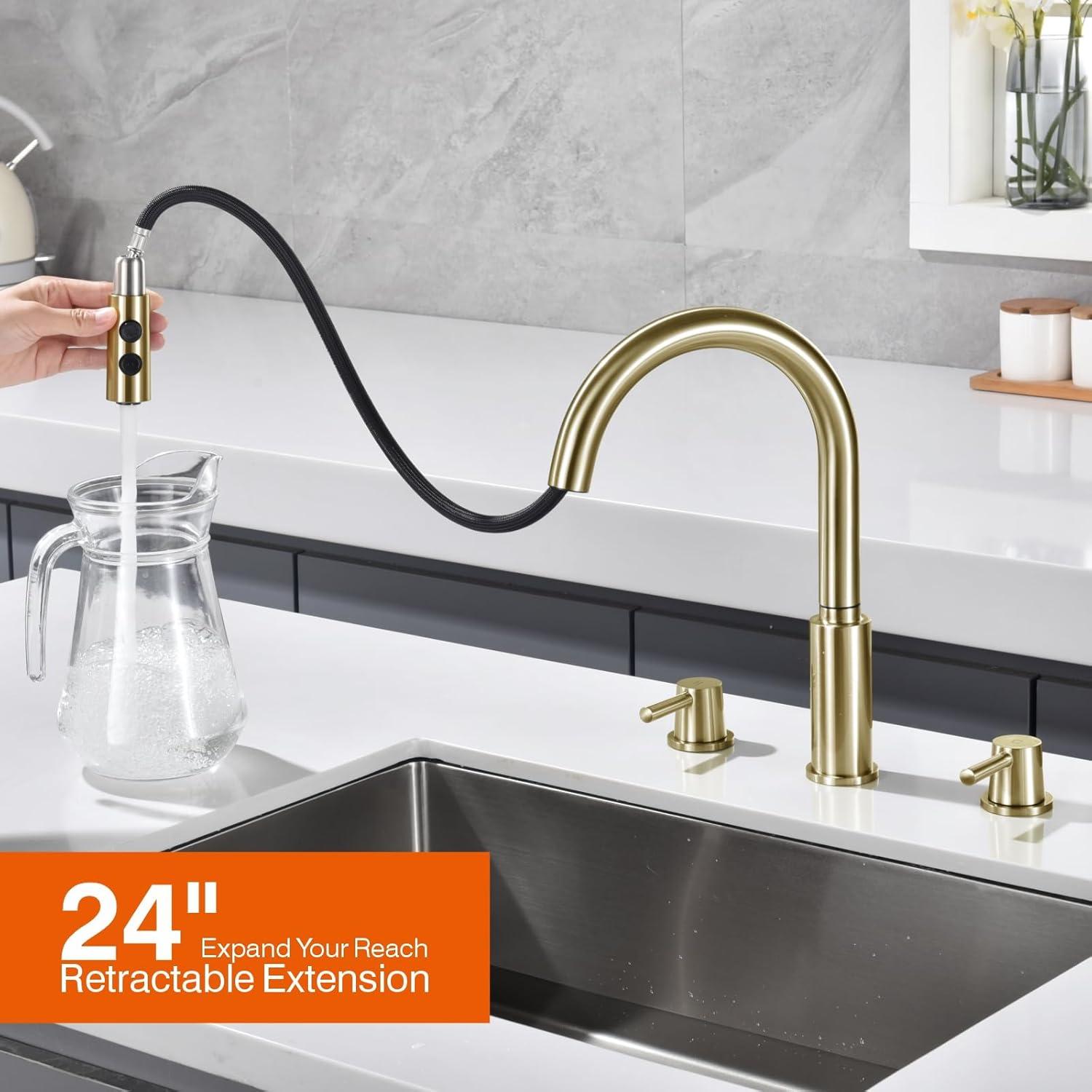 Kitchen Faucet, 2 Handles Kitchen Sink Faucet, 3 Holes Sink Faucet, Pull Down Kitchen Faucets, Bar Kitchen Faucet, Brushed Gold, Stainless Steel, RULIA RB1069