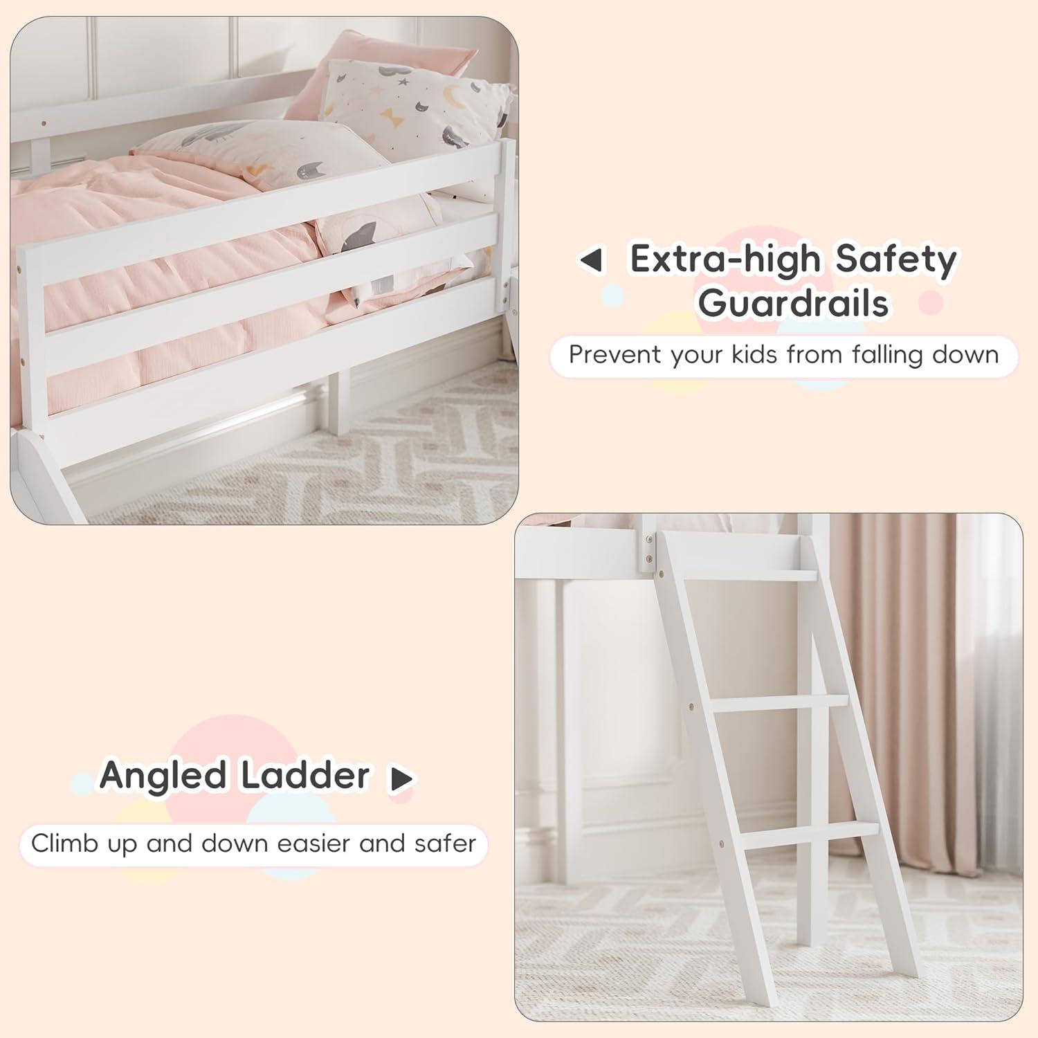 Harper & Bright Designs Kids Loft Bed with Slide,Twin Size Low Loft Beds for Girls Boys Solid Pine Wood Toddler Loft Bed with Ladder and Guard Rails,White