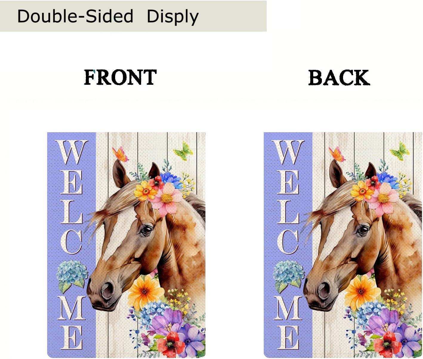 Spring Welcome Horse Garden Flag 12 x 18 inch Double Sided Outside decorations,Funny Cute Animal Small Garden Flags For Outdoor Yard Lawn