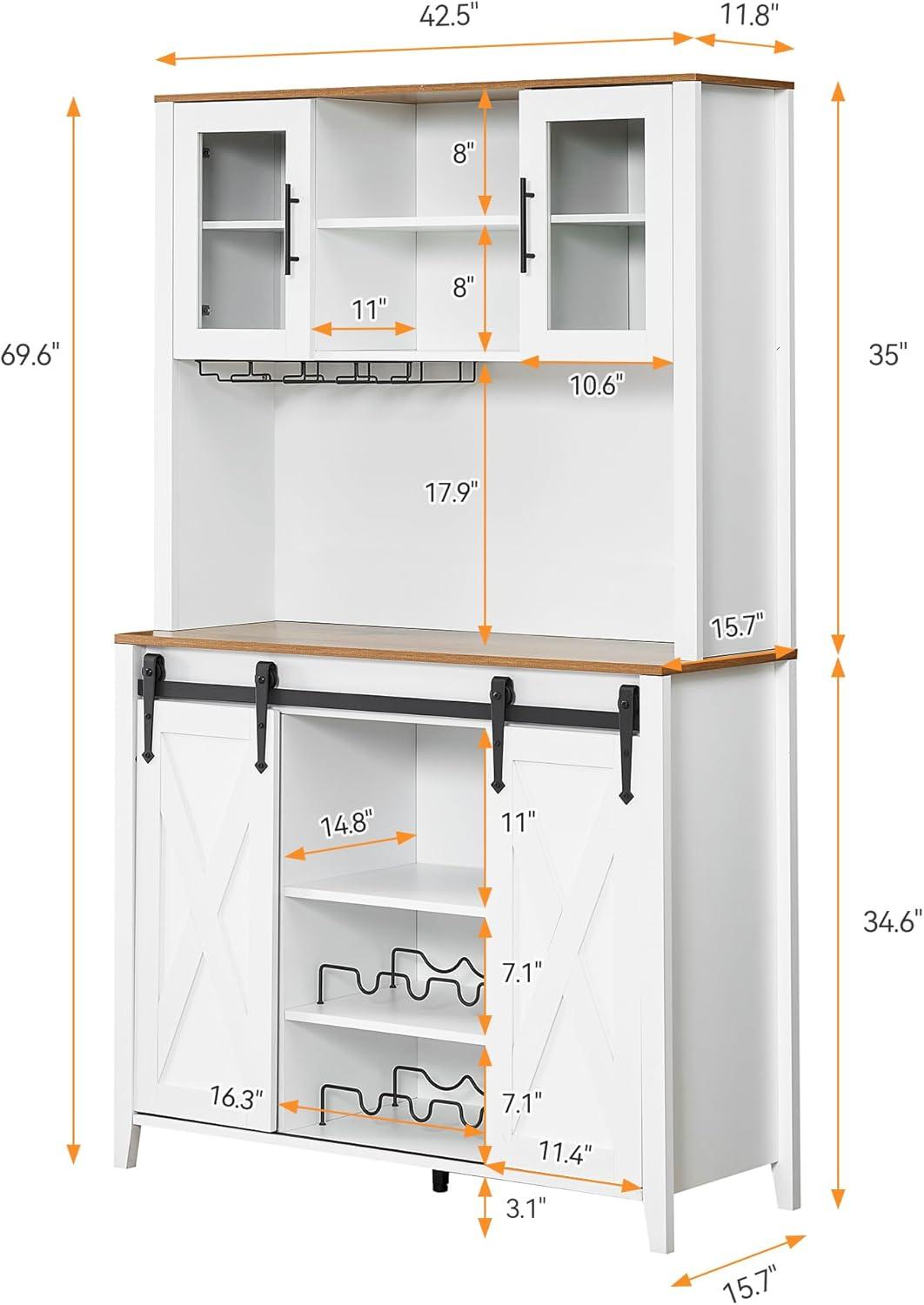 White Farmhouse Kitchen Hutch with Sliding Barn Doors and Wine Rack