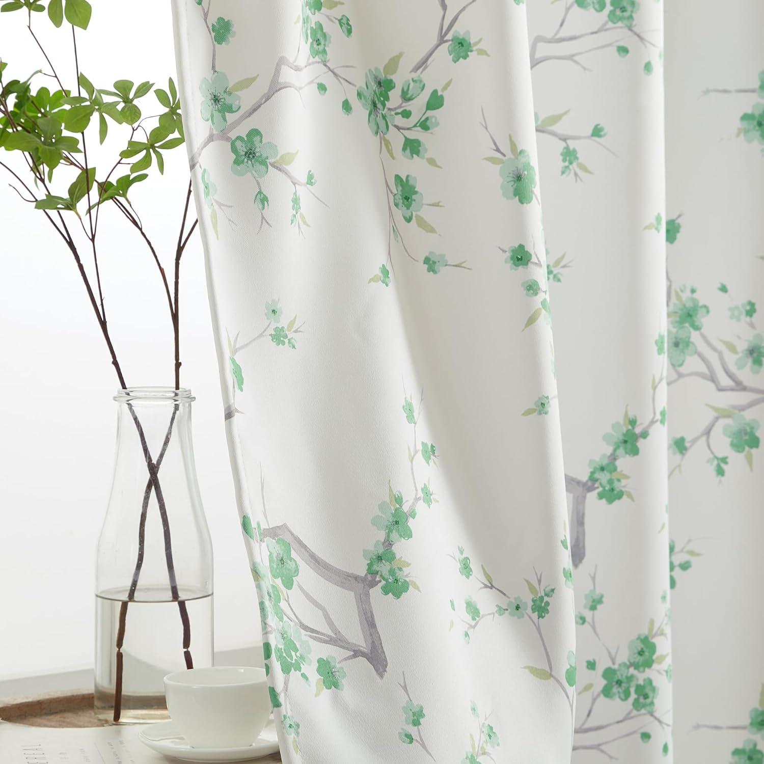 HLC.ME Jasmine Floral Patterned Window Rod Pocket Curtains - Light Blocking Darkening Window Panels, Set of 2 - Seafoam Green, 52 W x 84 L