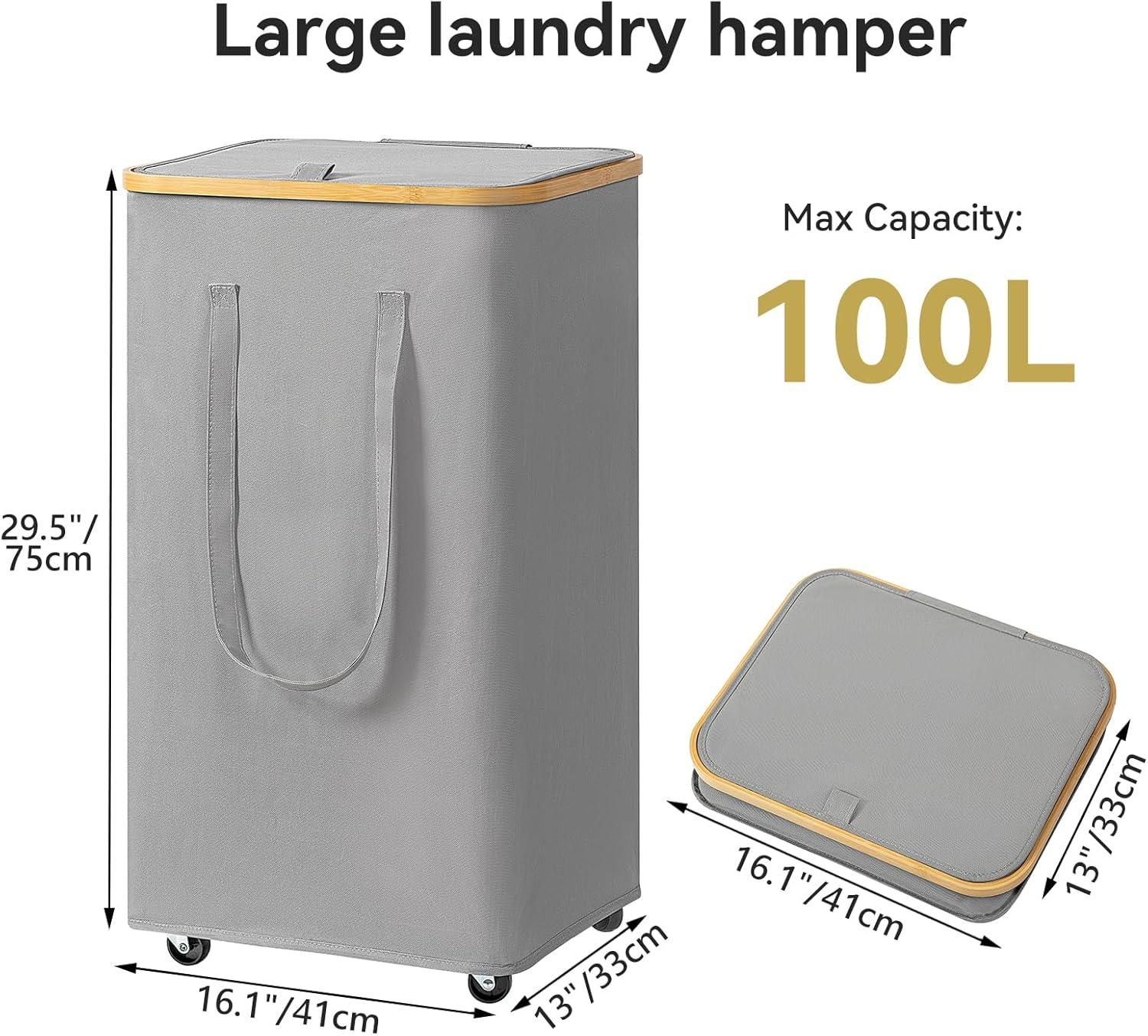 Efluky Laundry Basket with Lid and Removable Bag, 100L Tall Laundry Hamper with Bamboo Handles, Aesthetic Dirty Clothes Bin for Laundry Room, Bathroom, Bedroom and Dorm,Grey