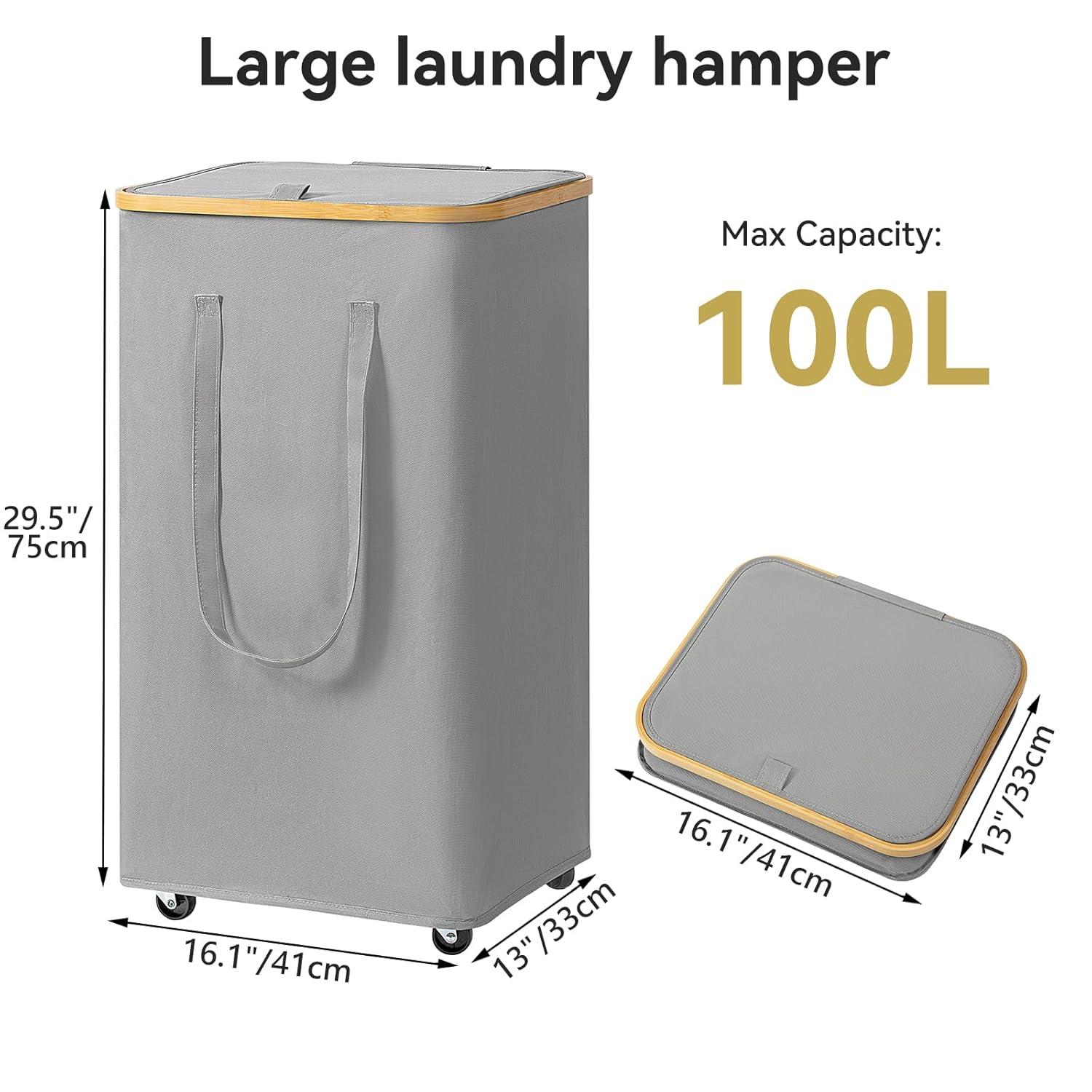 Efluky Laundry Basket with Lid and Removable Bag, 100L Tall Laundry Hamper with Bamboo Handles, Aesthetic Dirty Clothes Bin for Laundry Room, Bathroom, Bedroom and Dorm,Grey