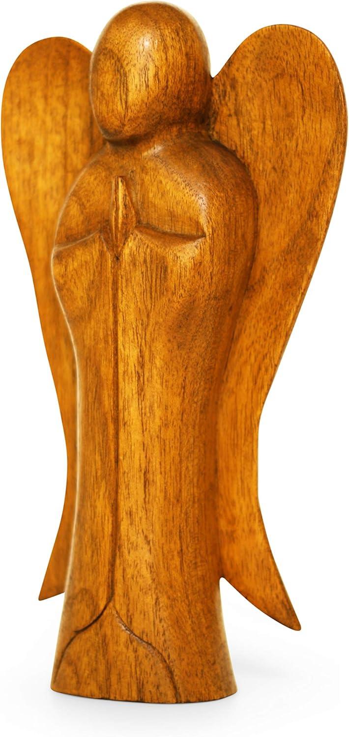 Hand Carved Suar Wood Praying Angel Statue - 10" Tall