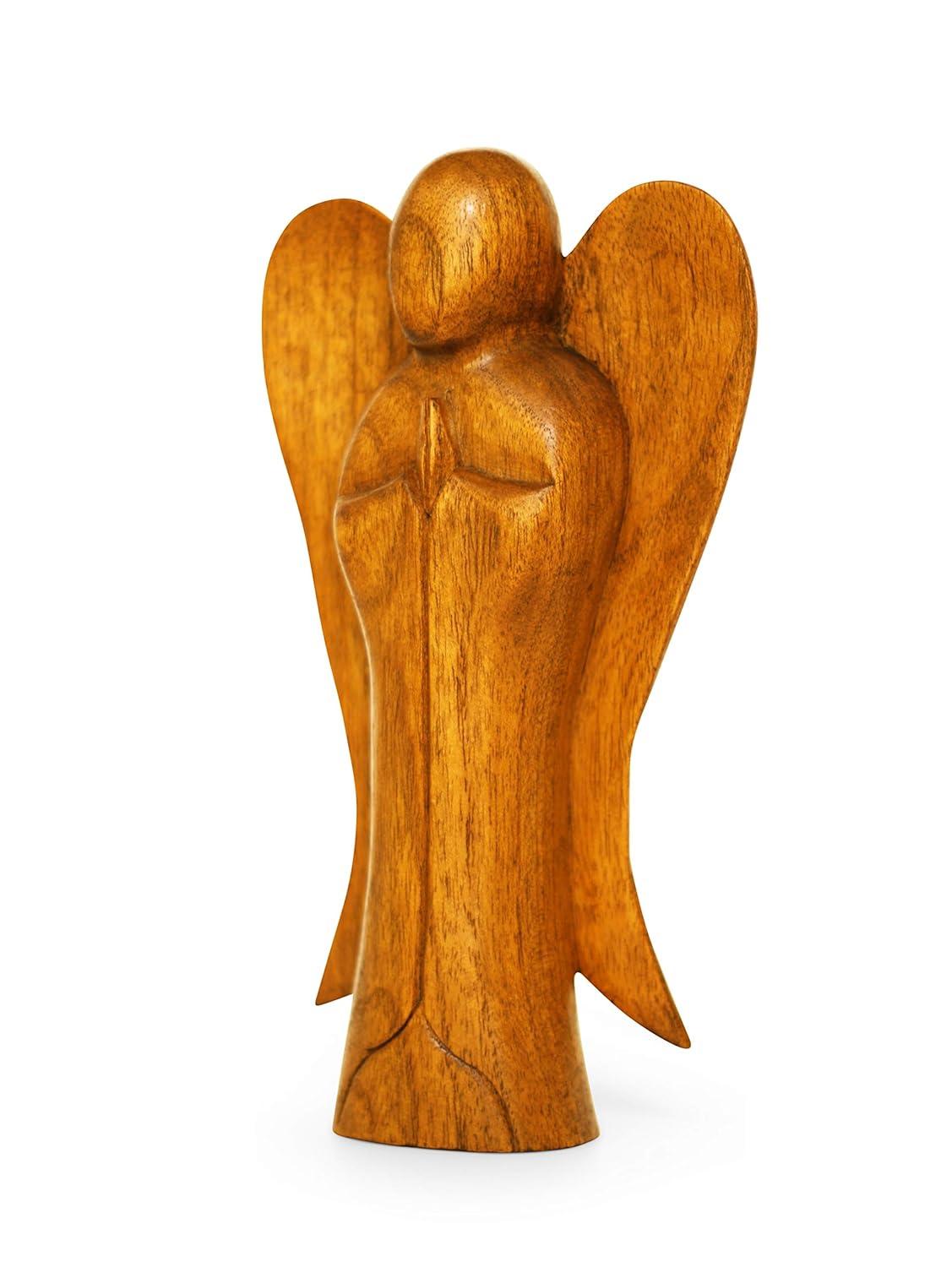 Hand Carved Suar Wood Praying Angel Statue - 10" Tall