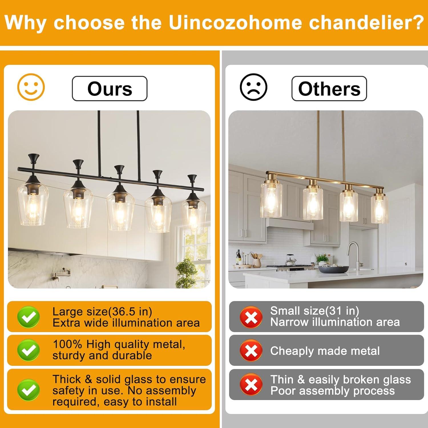 Black Farmhouse Chandelier, 5-Light Island Lights for Kitchen in Metal Finish with Clear Glass Shades, 37" Dining Room Chandelier, Linear Pendant Lighting for Foyer, Bar, Pool Table