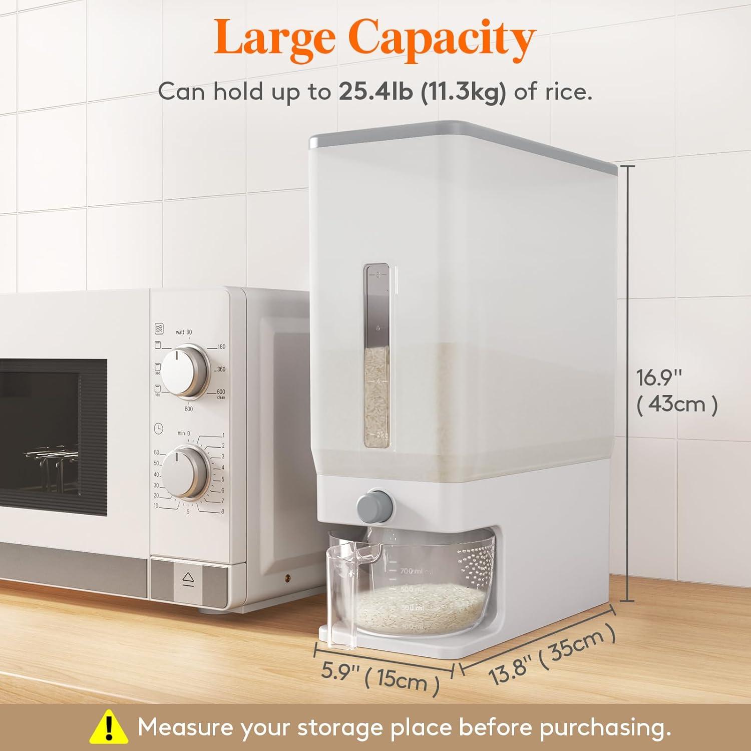 Lifewit Rice Dispenser 25 Lbs(11.3kg), Rice Storage Container Sealed Moisture Proof with Measuring Cup for Kitchen Pantry Household, BPA-Free