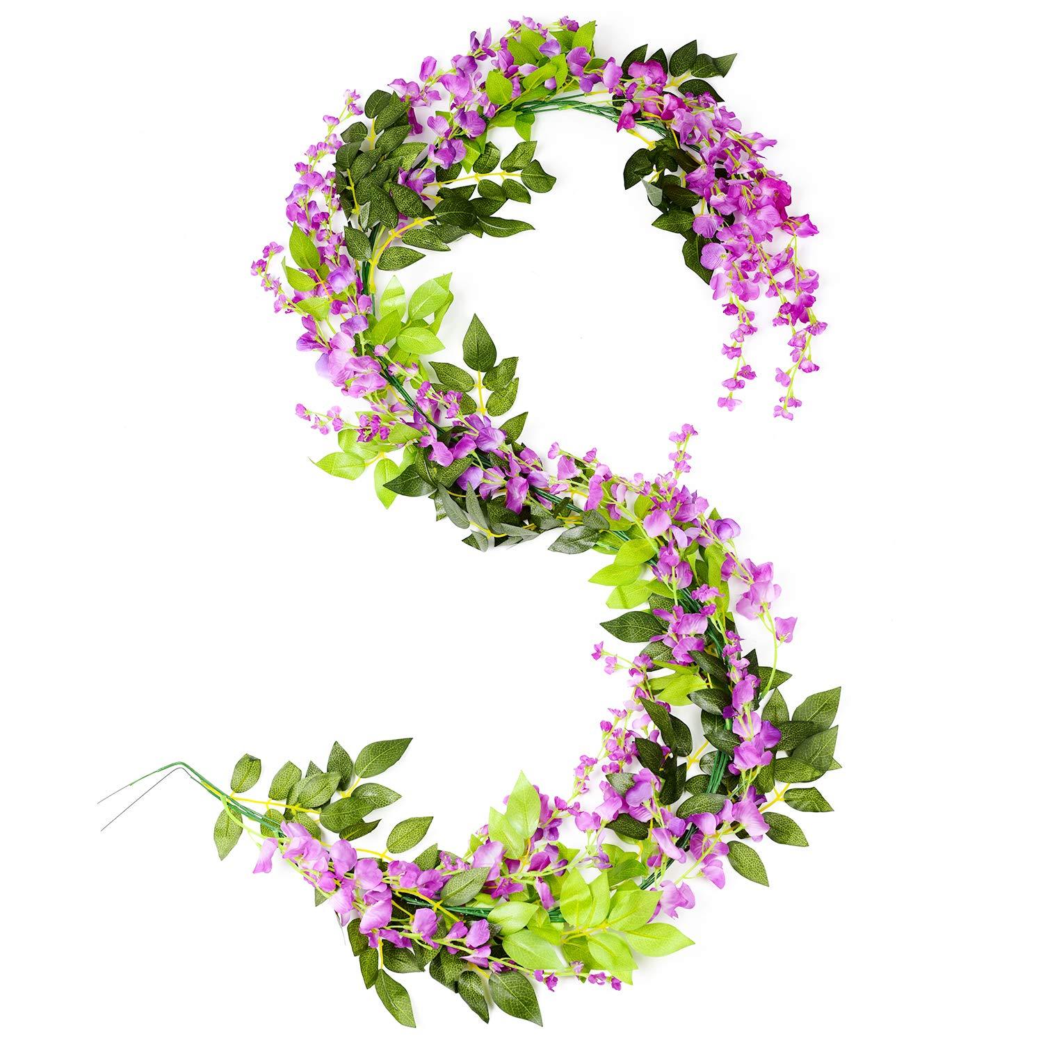 Sinhoon Wisteria Artificial Flowers Garland, 4 Pcs Total 28.8ft Artificial Wisteria Vine Silk Hanging Flower for Home Garden Outdoor Ceremony Wedding Arch Floral Decor (Light Purple)
