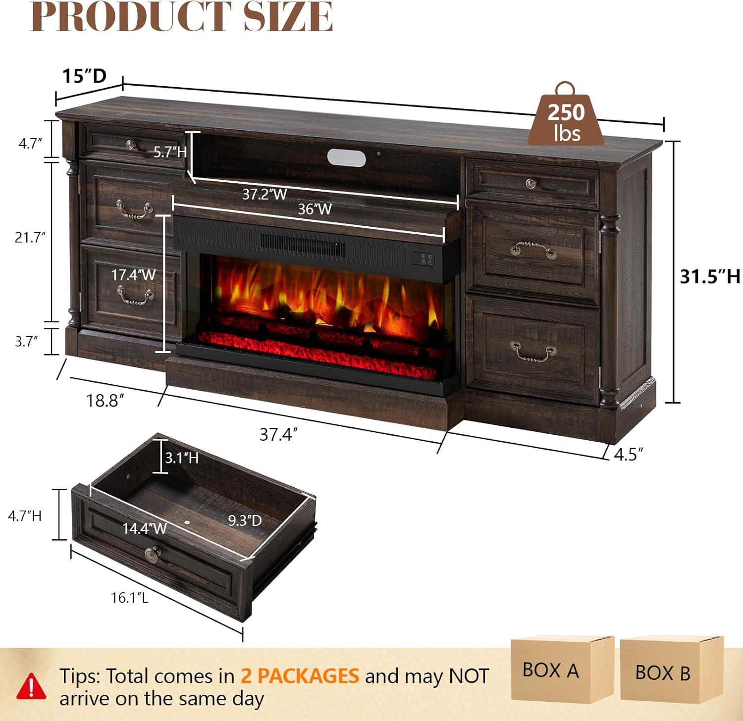 Alvilda 75" Farmhouse TV Stand with 36'' 3-Sided Glass Fireplace, 2 Drawers & Doors Closed Storage