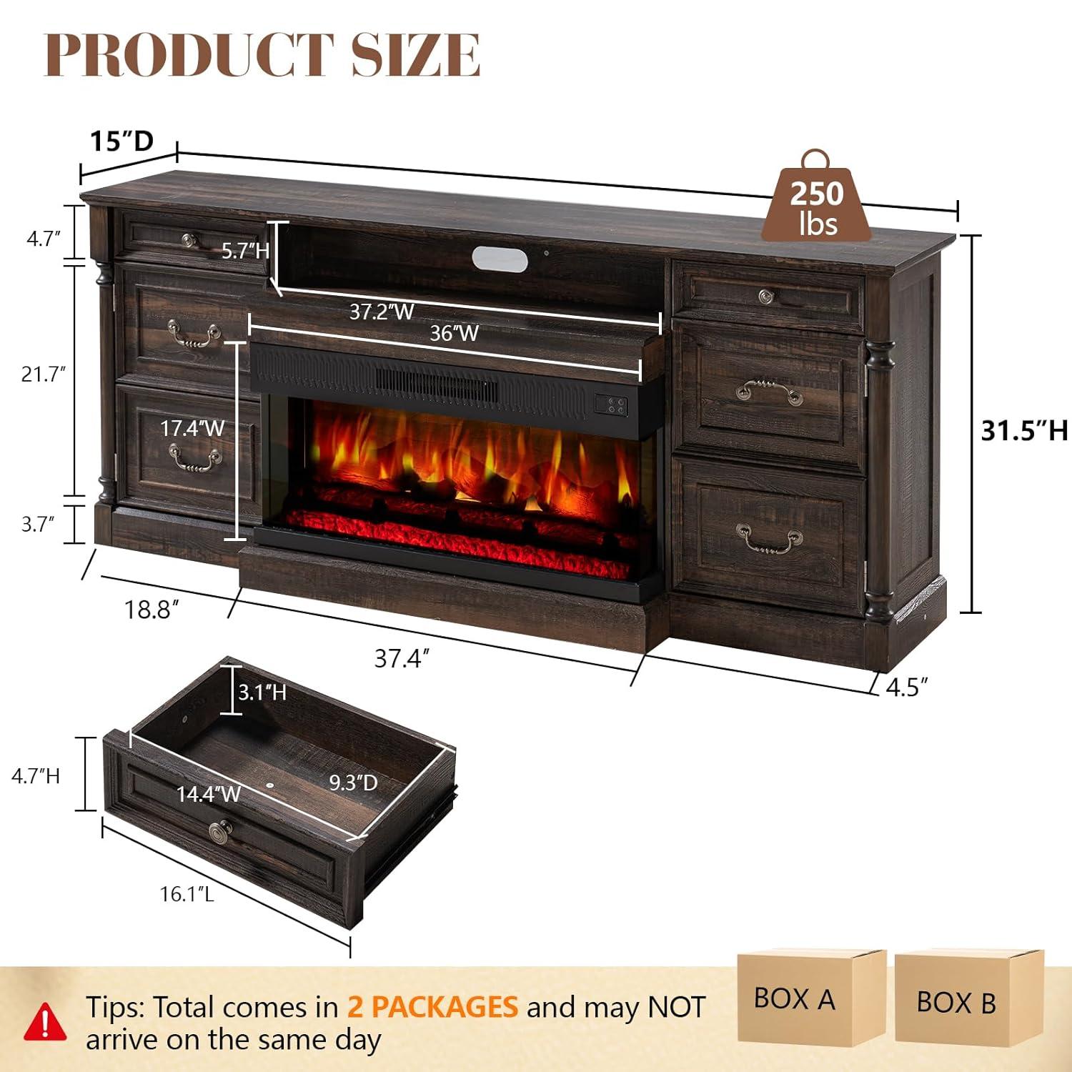 Alvilda 75" Farmhouse TV Stand with 36'' 3-Sided Glass Fireplace, 2 Drawers & Doors Closed Storage